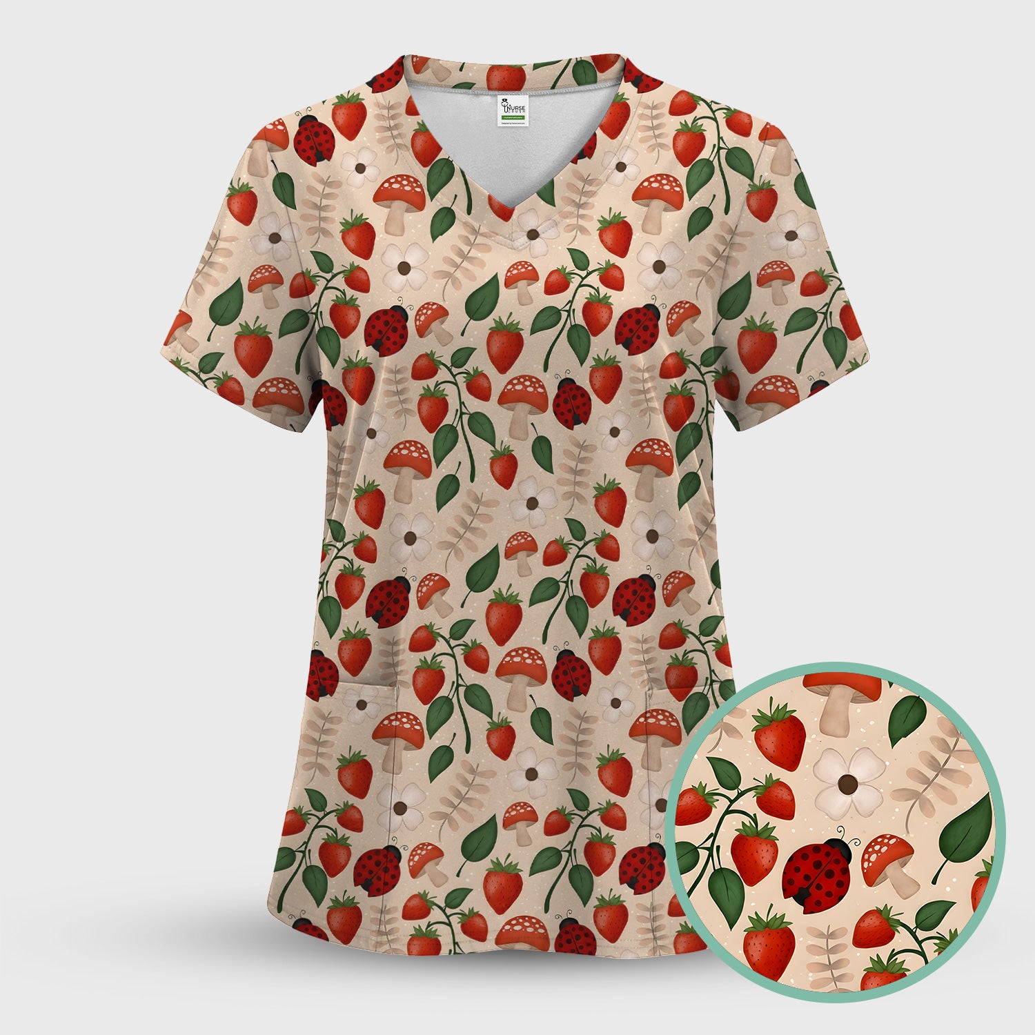 Strawberry Ladybug Mushroom Floral Scrub Top, Breathable Fabrics Nursing Uniform