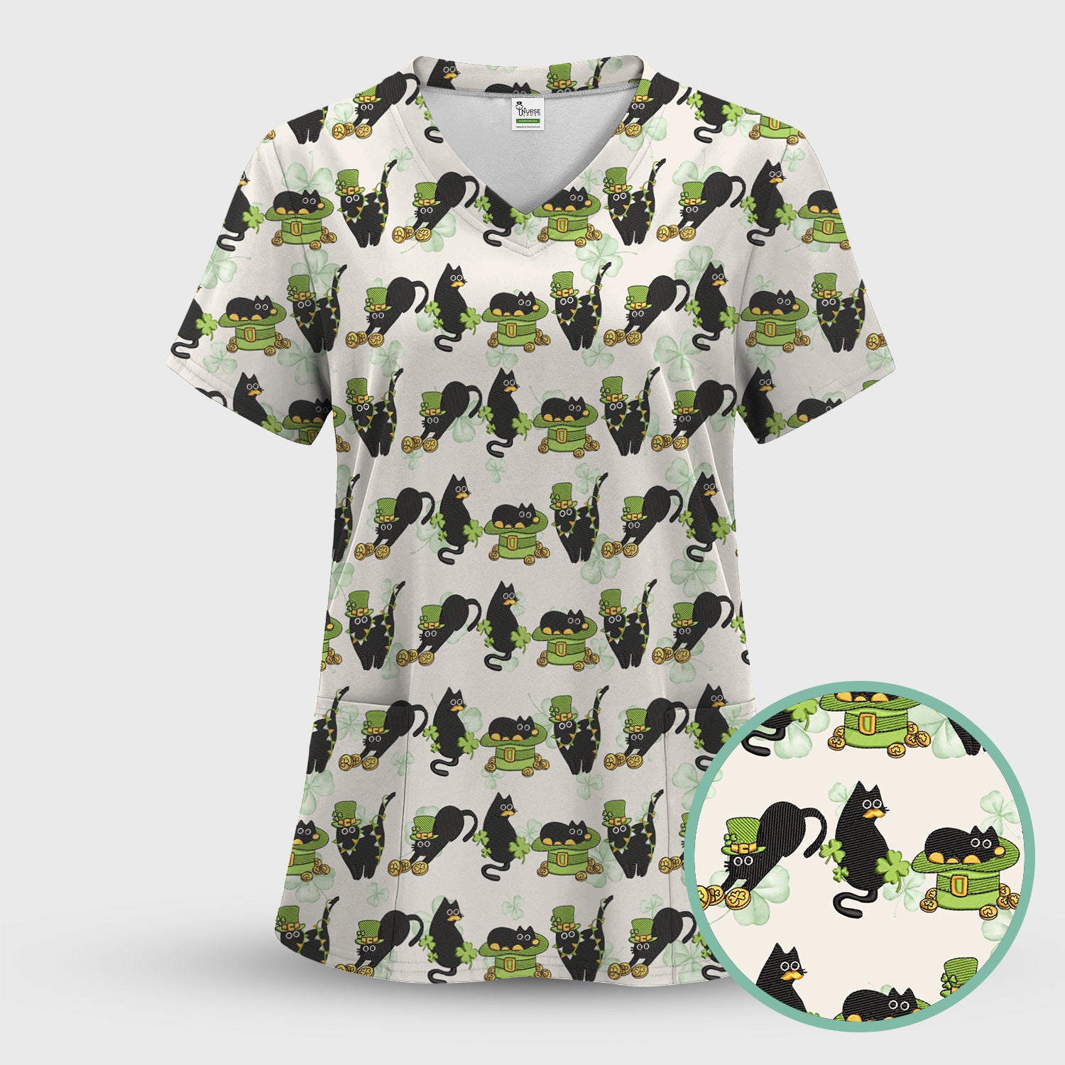 St. Patrick Black Cat Clover Print Nurse Scrub Top, Comfortable Scrubs for Nurses