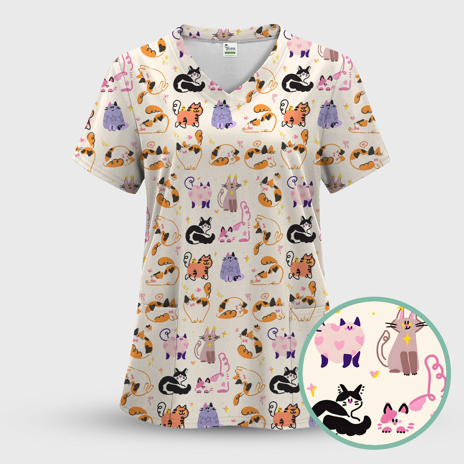 Funny Cat Pattern Scrub Top, Cute Cats Nursing Uniform For Women