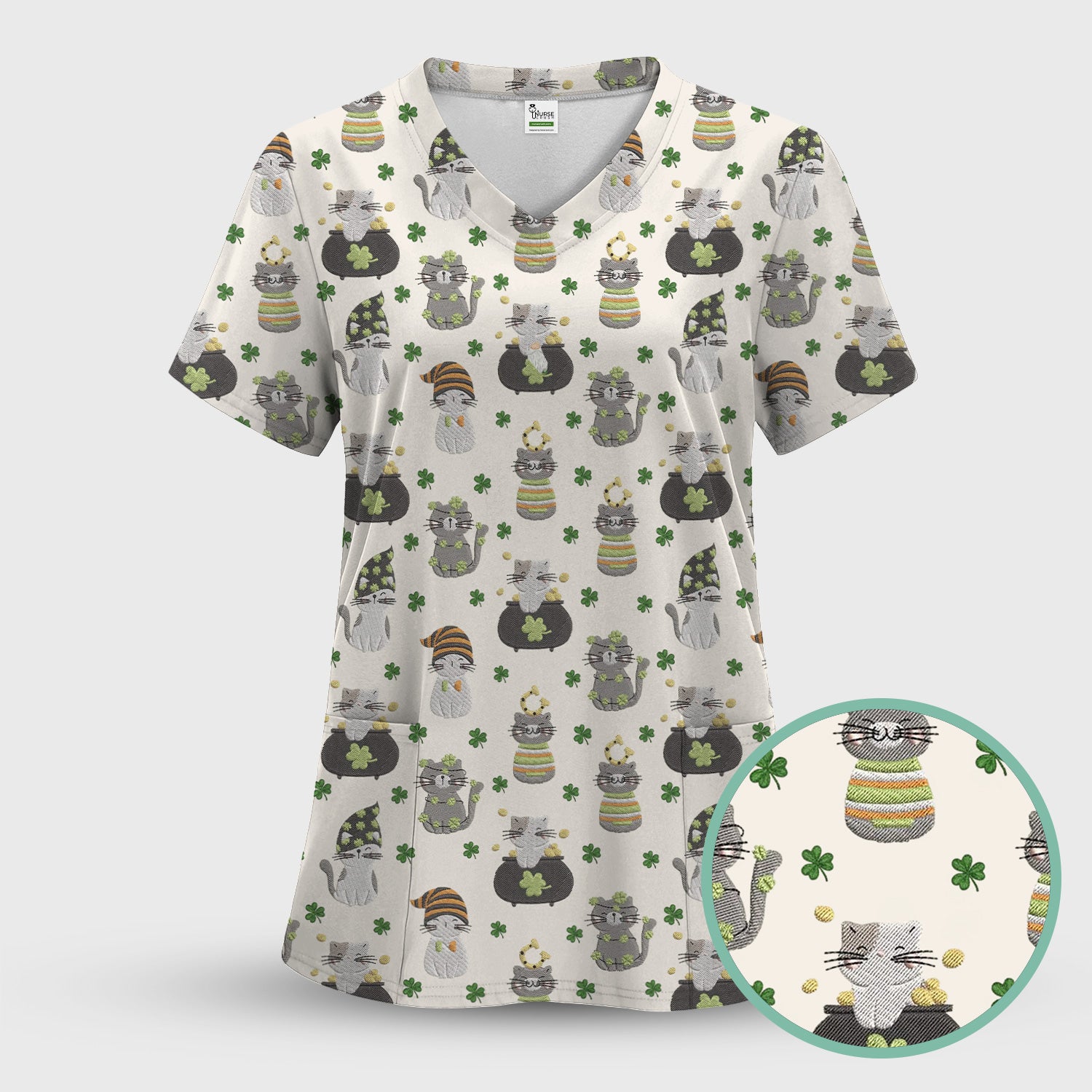 St. Patrick’s Day Scrub Top, Lucky Cat With Shamrock Pattern Shirt, Breathable Fabrics Nursing Uniform