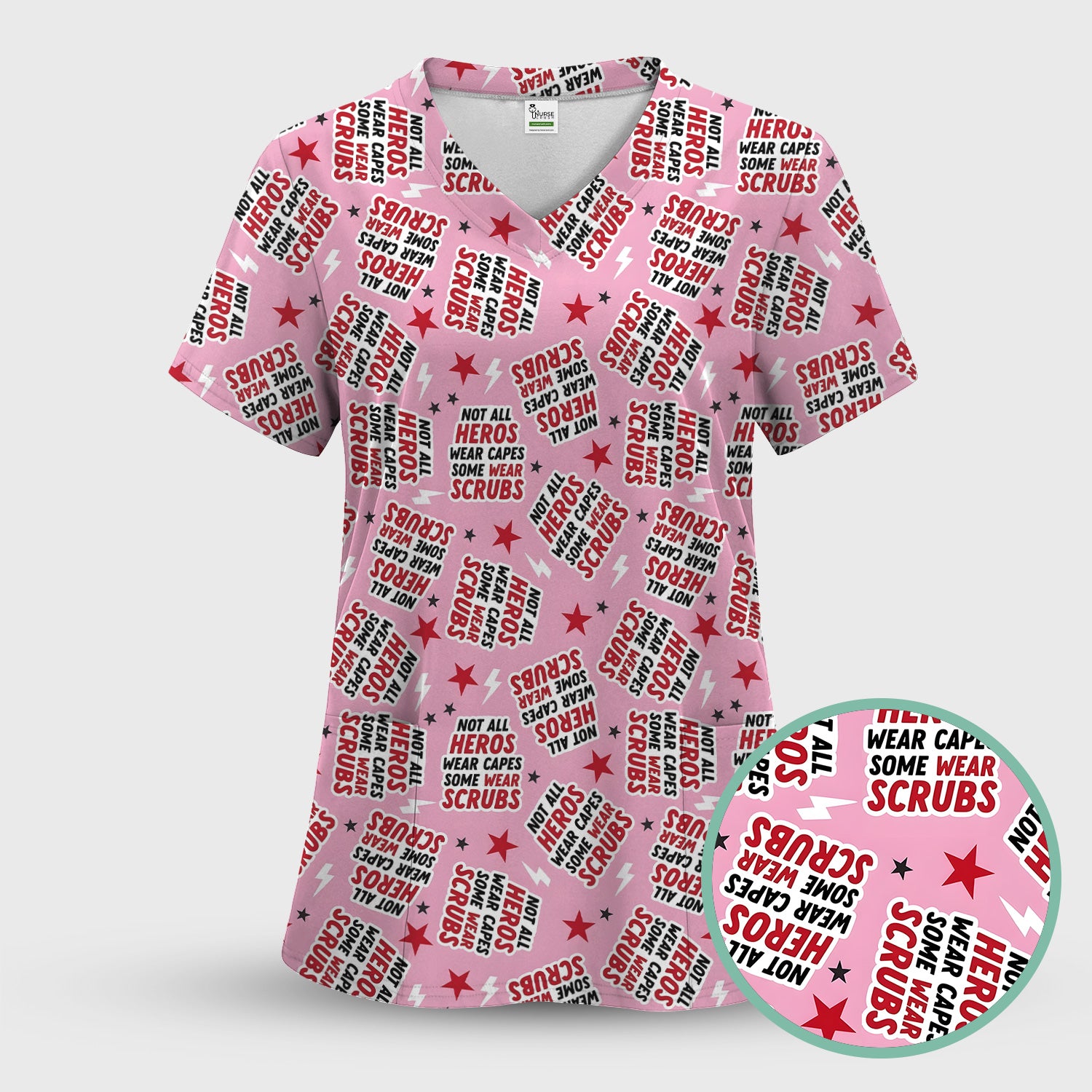 Not All Heroes Wear Scrubs Quote Stars Lightning Pattern Scrub Set, Scrub Pants and V Neck Top