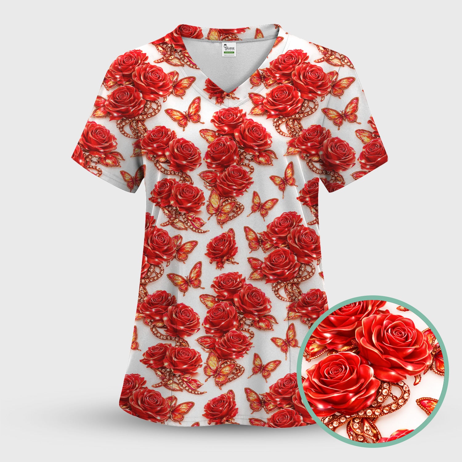 Red Rose and Butterfly Pattern Scrub Top, Comfortable Scrubs for Nurses