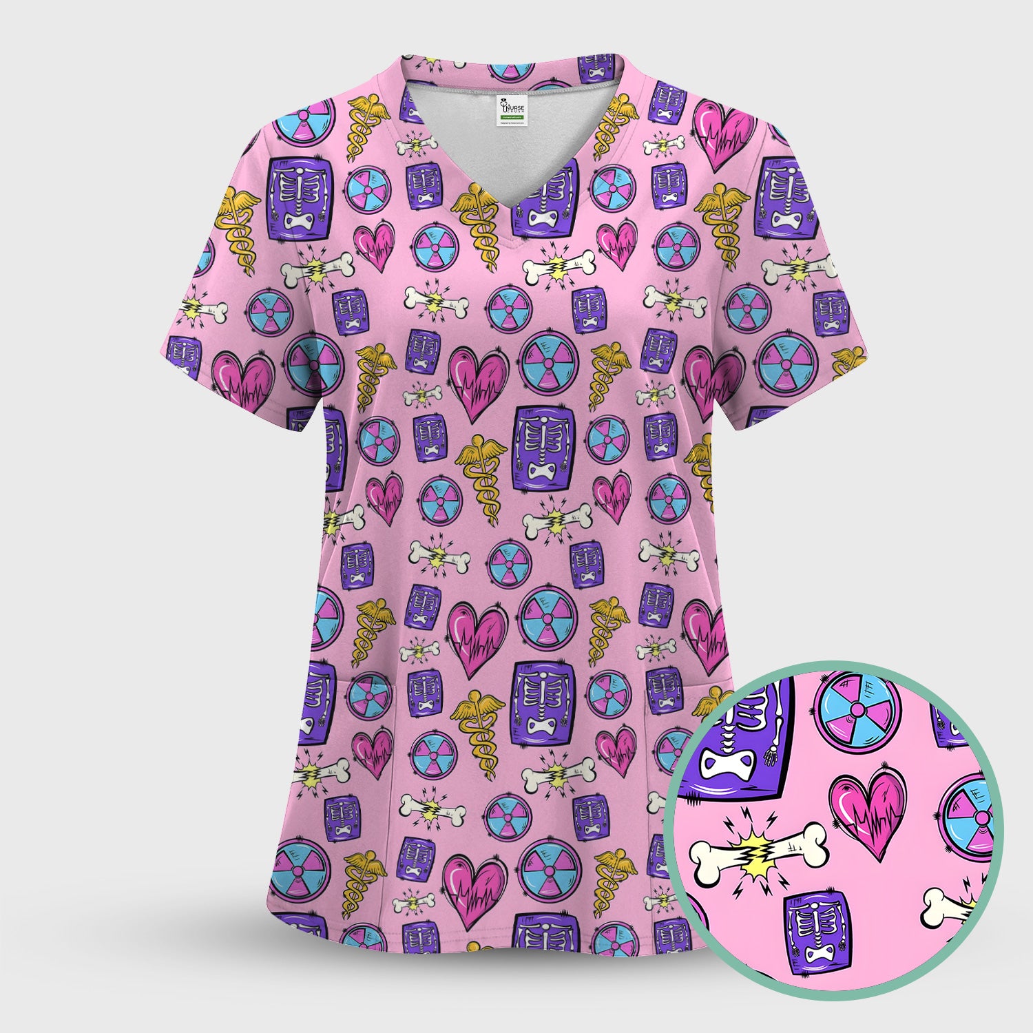 Sassy Nurse Heart Bone Caduceus Xray Icon Print Scrub Set, Scrub Pants and V Neck Top