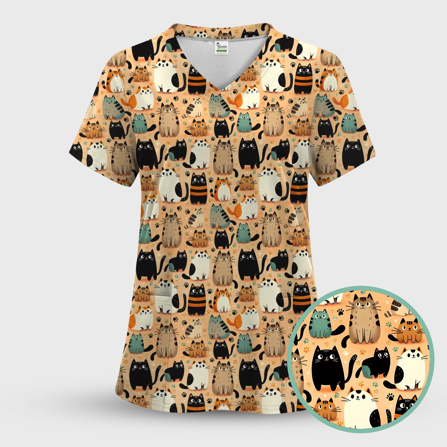 Cat Parade Doodle Pattern Scrub Top, Comfortable Scrubs for Nurses