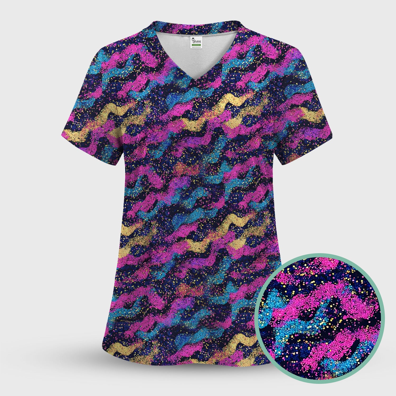 Neon Glitter Galaxy Wavy Pattern Scrub Set, Scrub Pants and V Neck Top