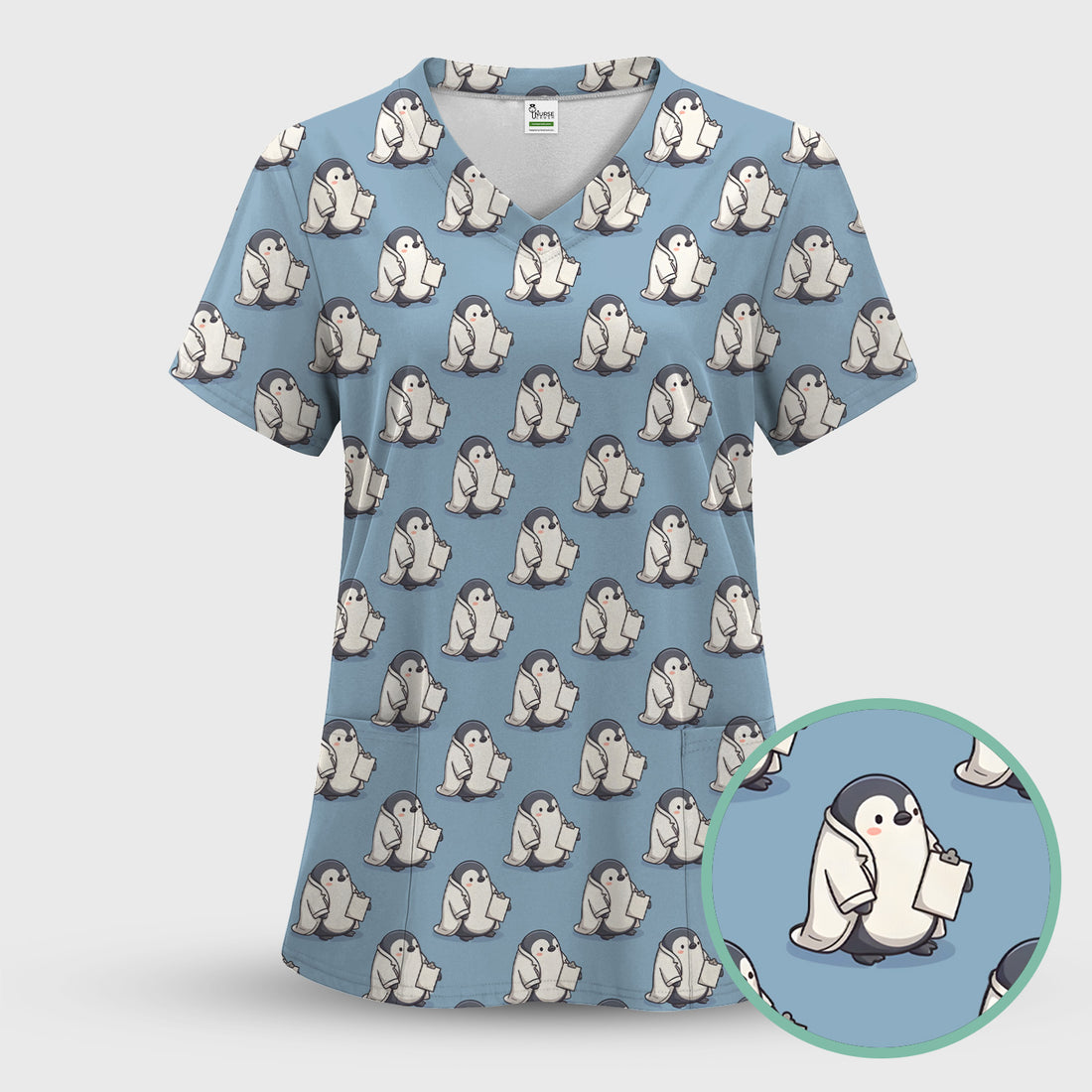 Penguin Nurse Medical Pattern Scrub Set, Scrub Pants and V Neck Top