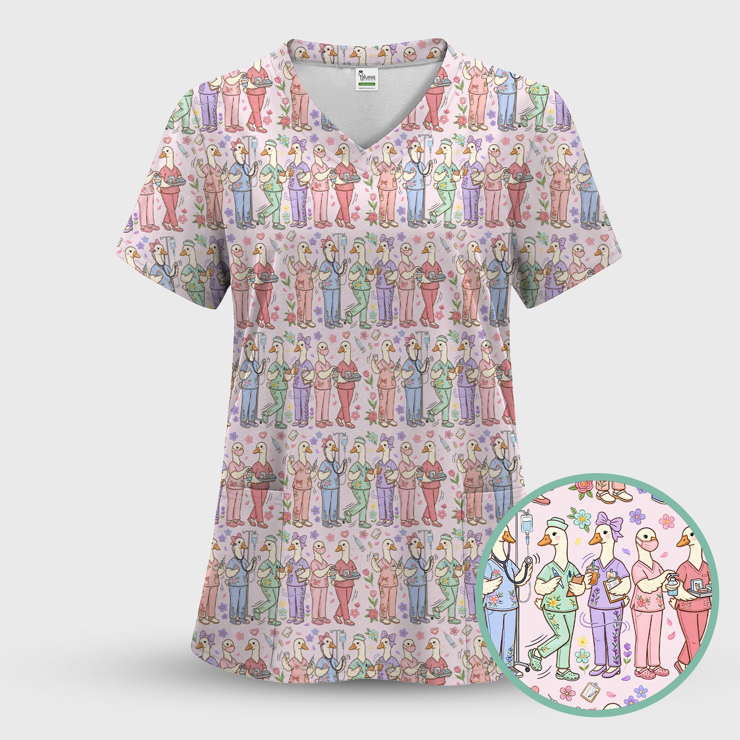Goose Characters Floral Medical Team Uniform Pattern Scrub Top, Breathable Fabrics Nursing Uniform
