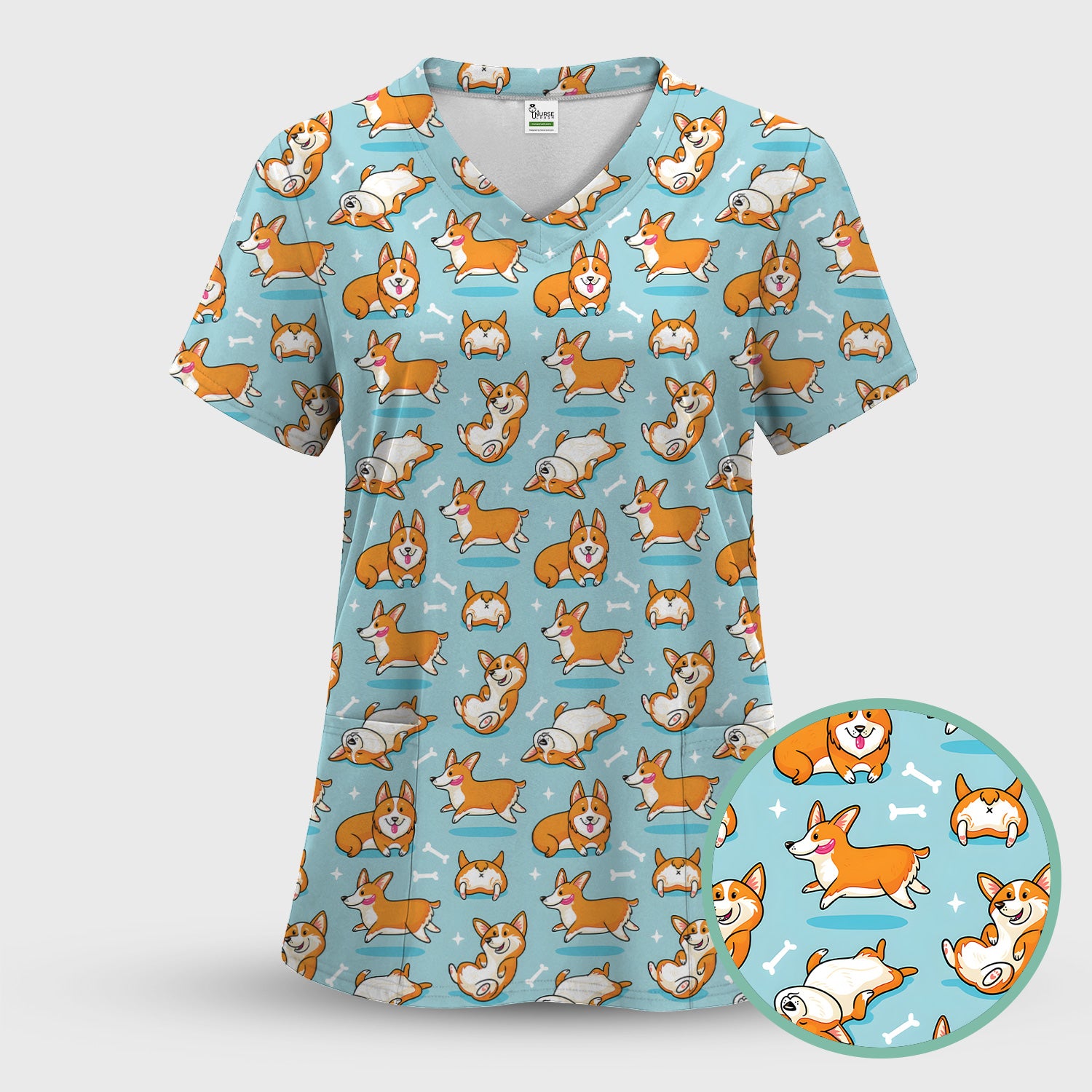 Corgi Dog Playing Rolling Bone Pattern Scrub Set, Scrub Pants and V Neck Top