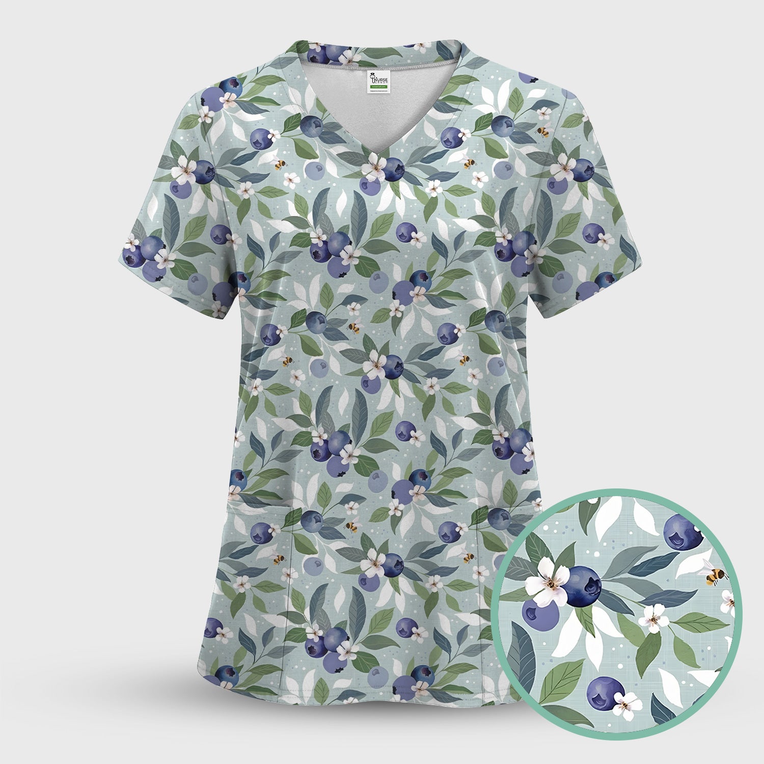 Fresh Blueberry Blossom Garden Pattern Nurse Scrub Set, Scrub Pants and V Neck Top