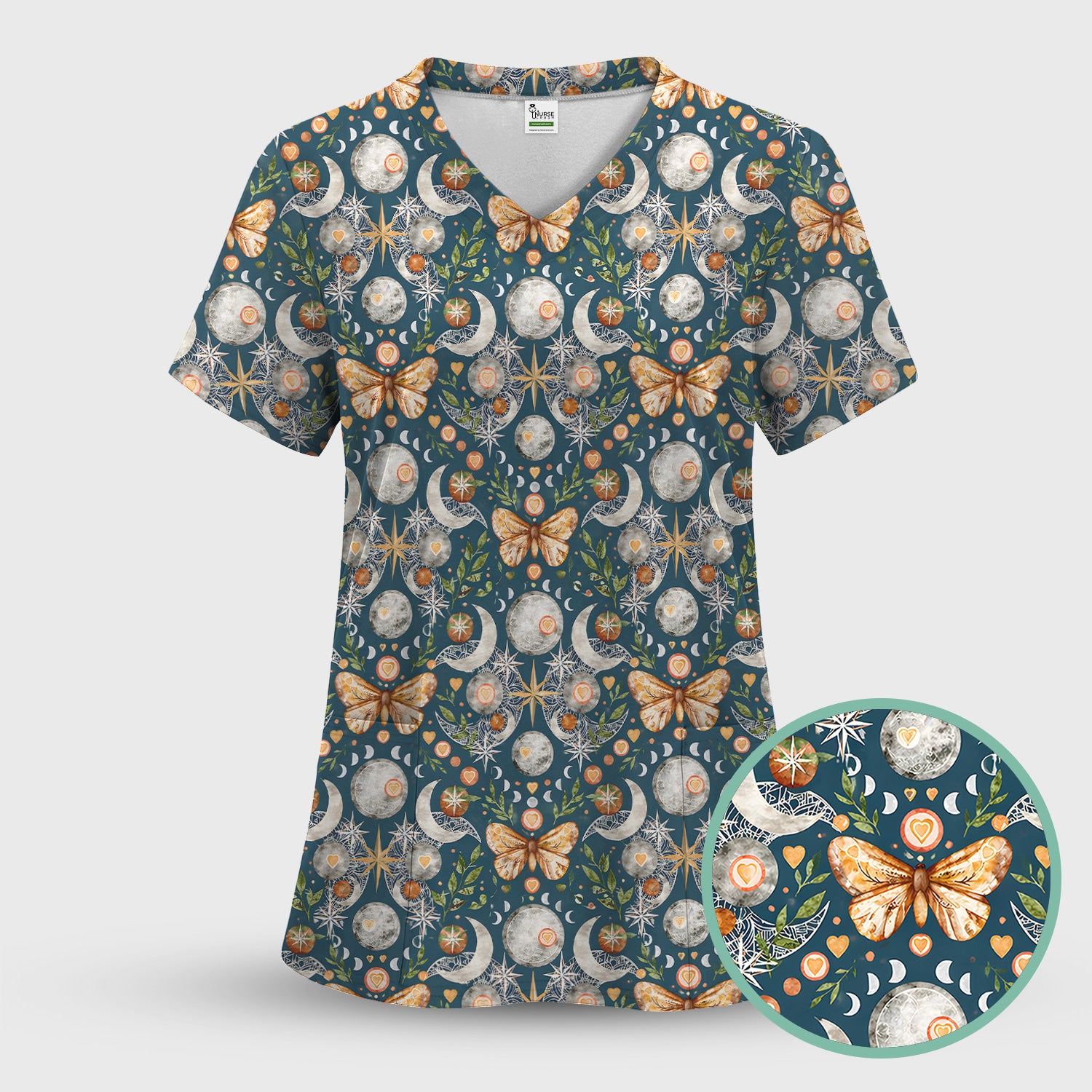 Celestial Butterfly Moonlight Pattern Scrub Top, Comfortable Scrubs for Nurses
