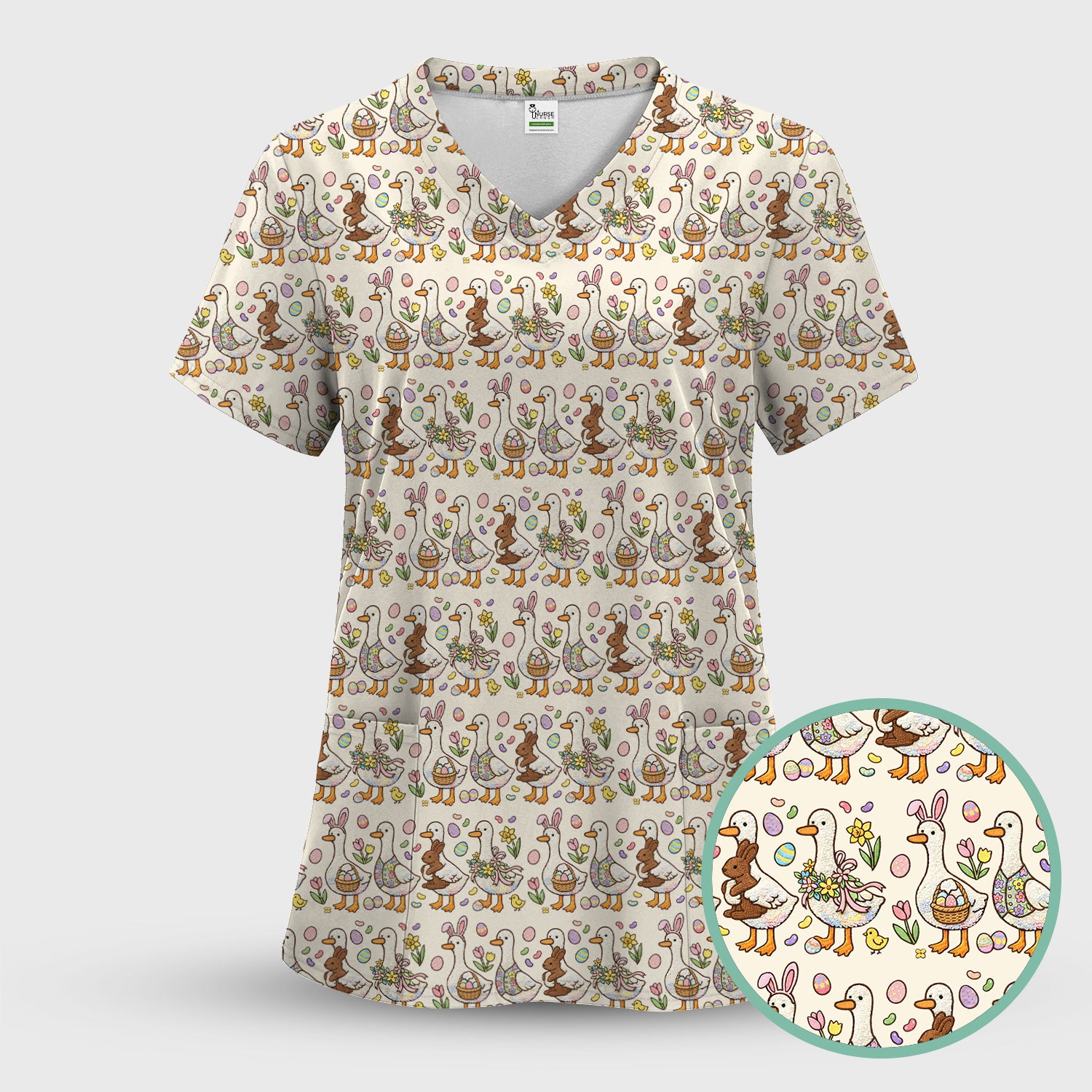 Easter Theme Duck and Bunny Egg Floral Print Scrub Top, Comfortable Scrubs for Nurses