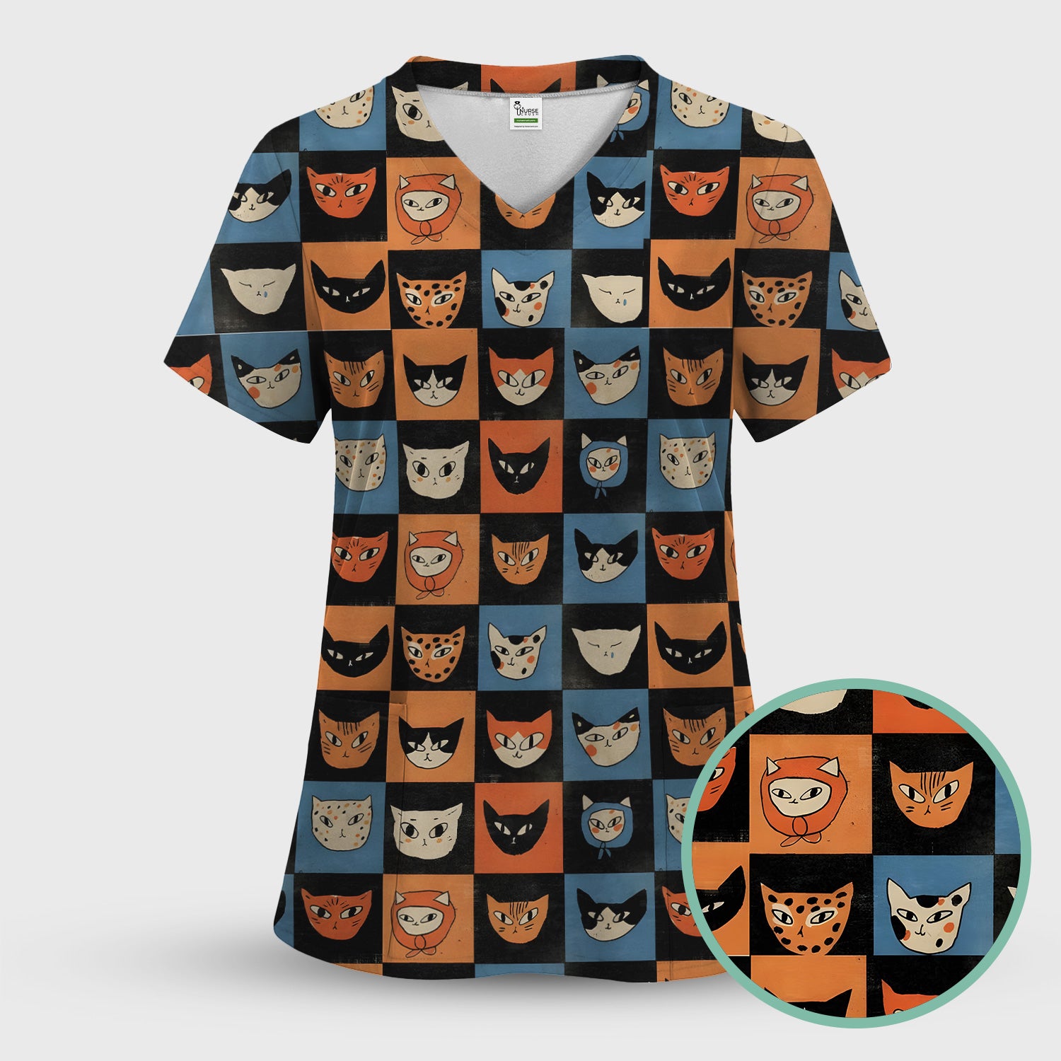 Cute Retro Cat Faces Checkerboard Print Scrub Top, Comfortable Scrubs For Nurses