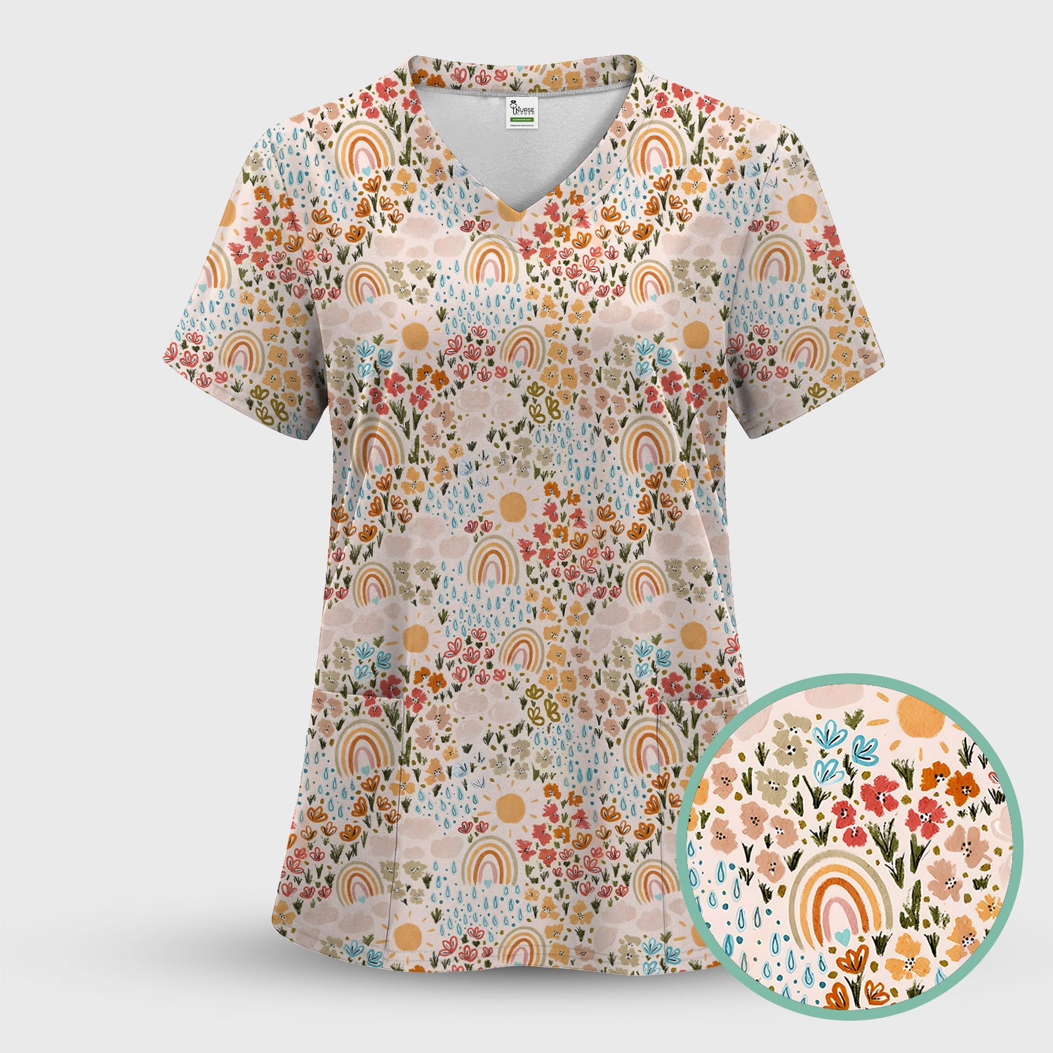 Cute Wildflower Meadow With Rainbow Sun And Raindrops Scrub Set, Scrub Pants and V Neck Top