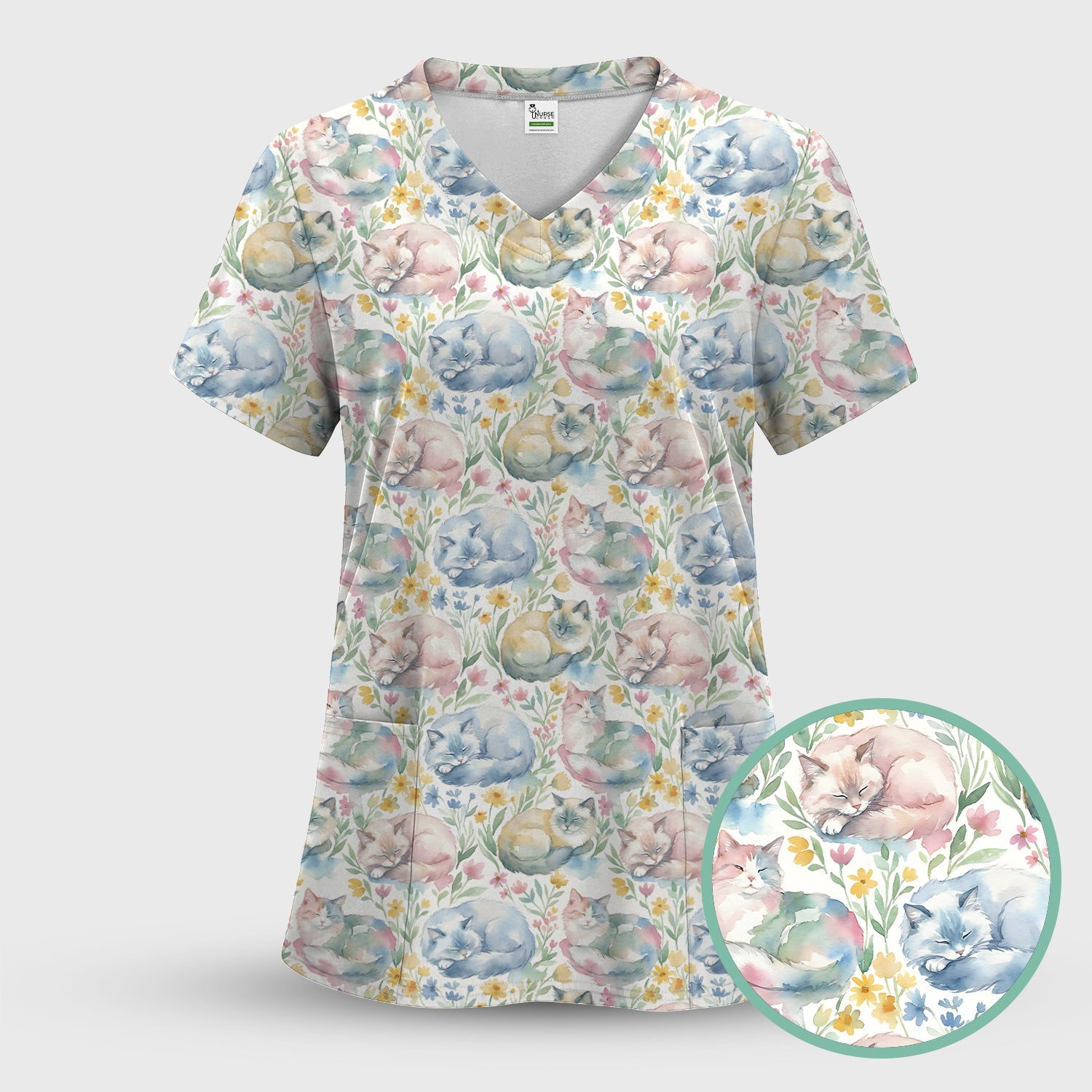 Dreamy Sleeping Cat Floral Pattern Scrub Top, Comfortable Scrubs for Nurses