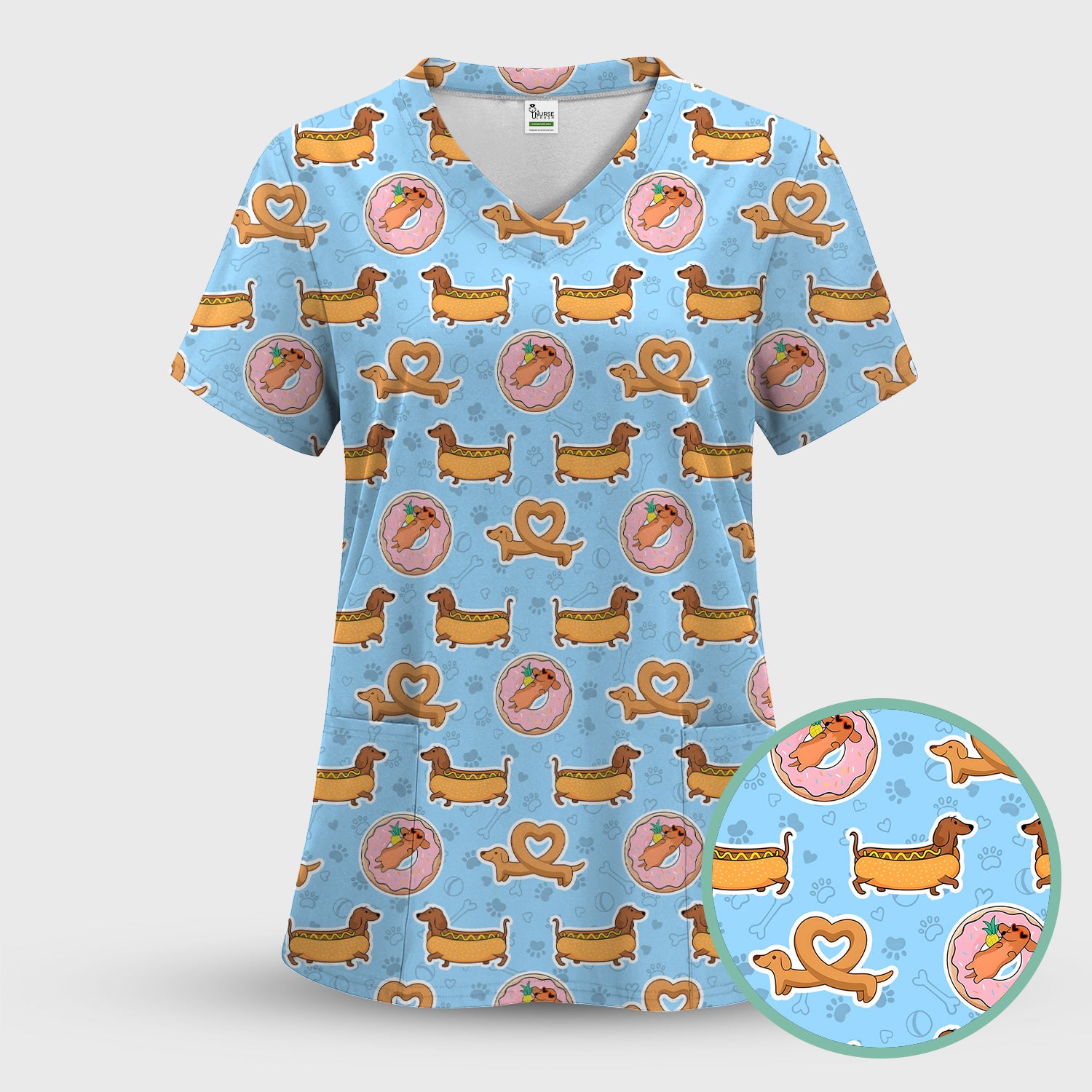 Cute Dachshund Donut Heart Pattern Scrub Set, Scrub Pants and V Neck Top