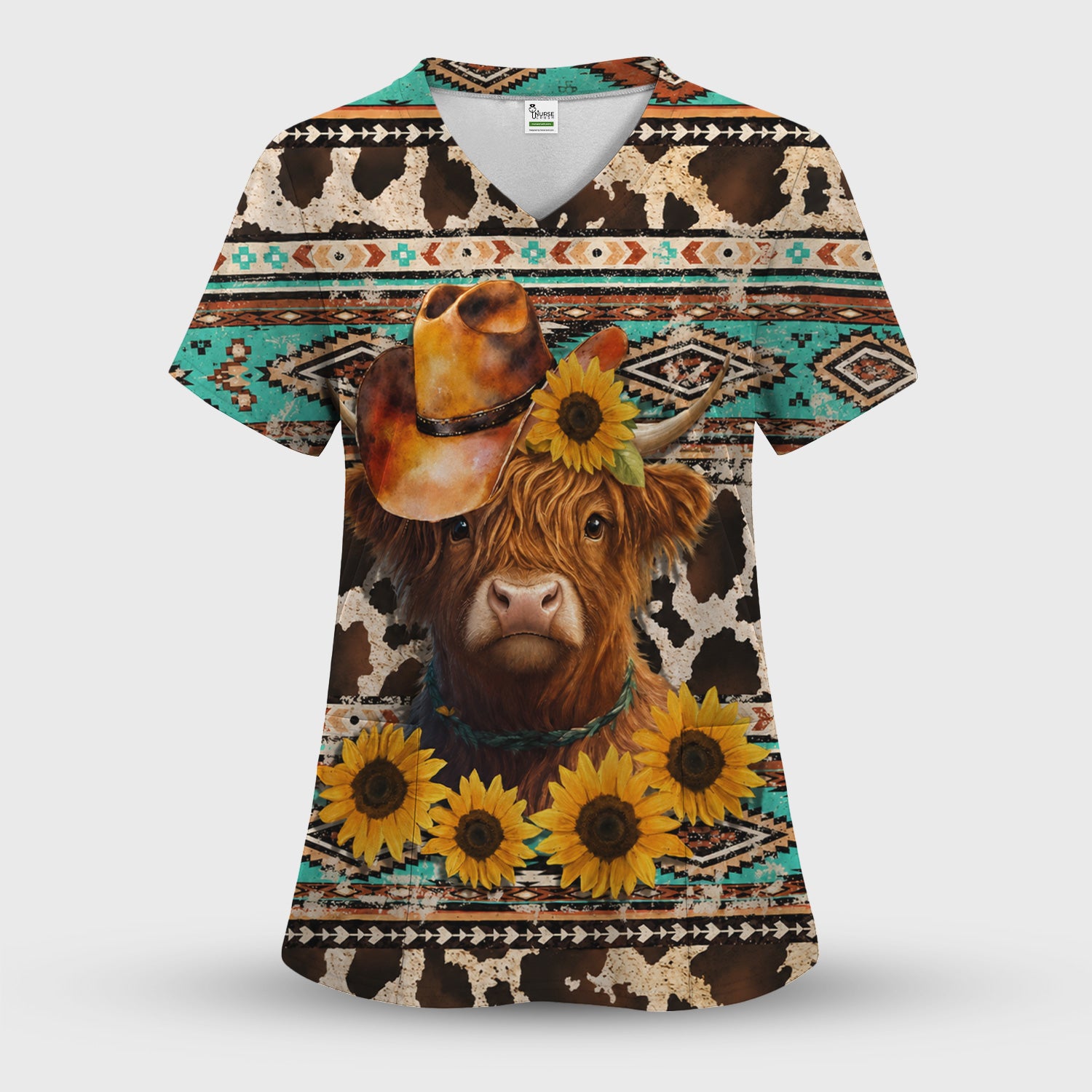 Western Highland Cow Sunflowers Print Scrub Top, Comfortable Scrubs for Nurses