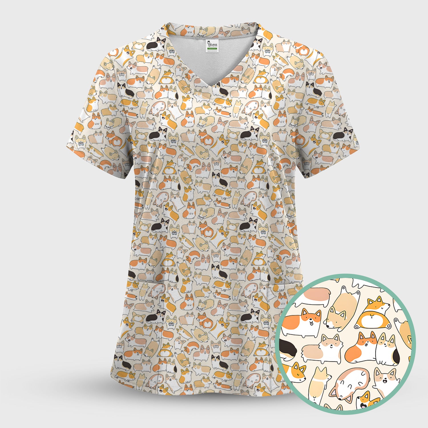 Cute Corgi Dog All Over Print Scrub Top, Comfortable Scrubs for Nurses