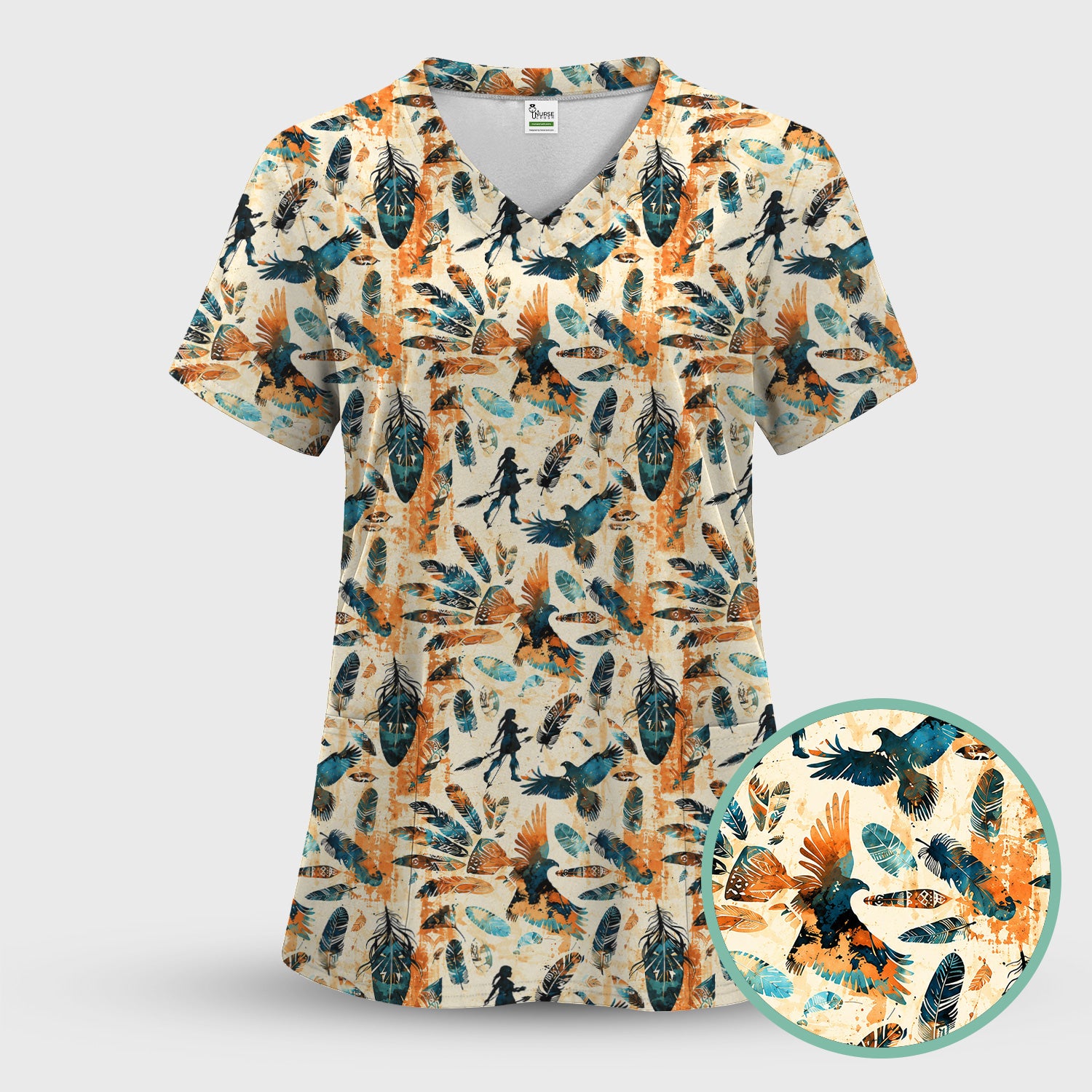 Feather Birds Tribal Print Scrub Top, Comfortable Scrubs for Nurses