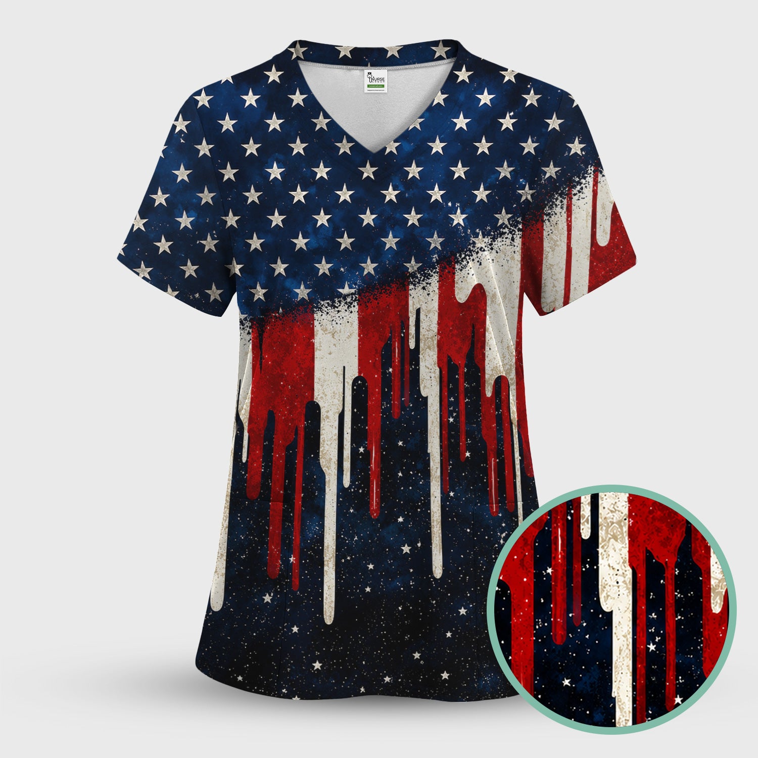 Festive Patriotic Dripping Flag Pattern Scrub Set, Scrub Pants and V Neck Top