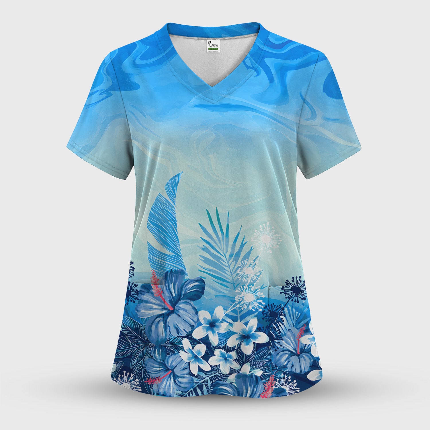 Elegant Blue Tropical Floral Pattern Scrub Set, Scrub Pants and V Neck Top