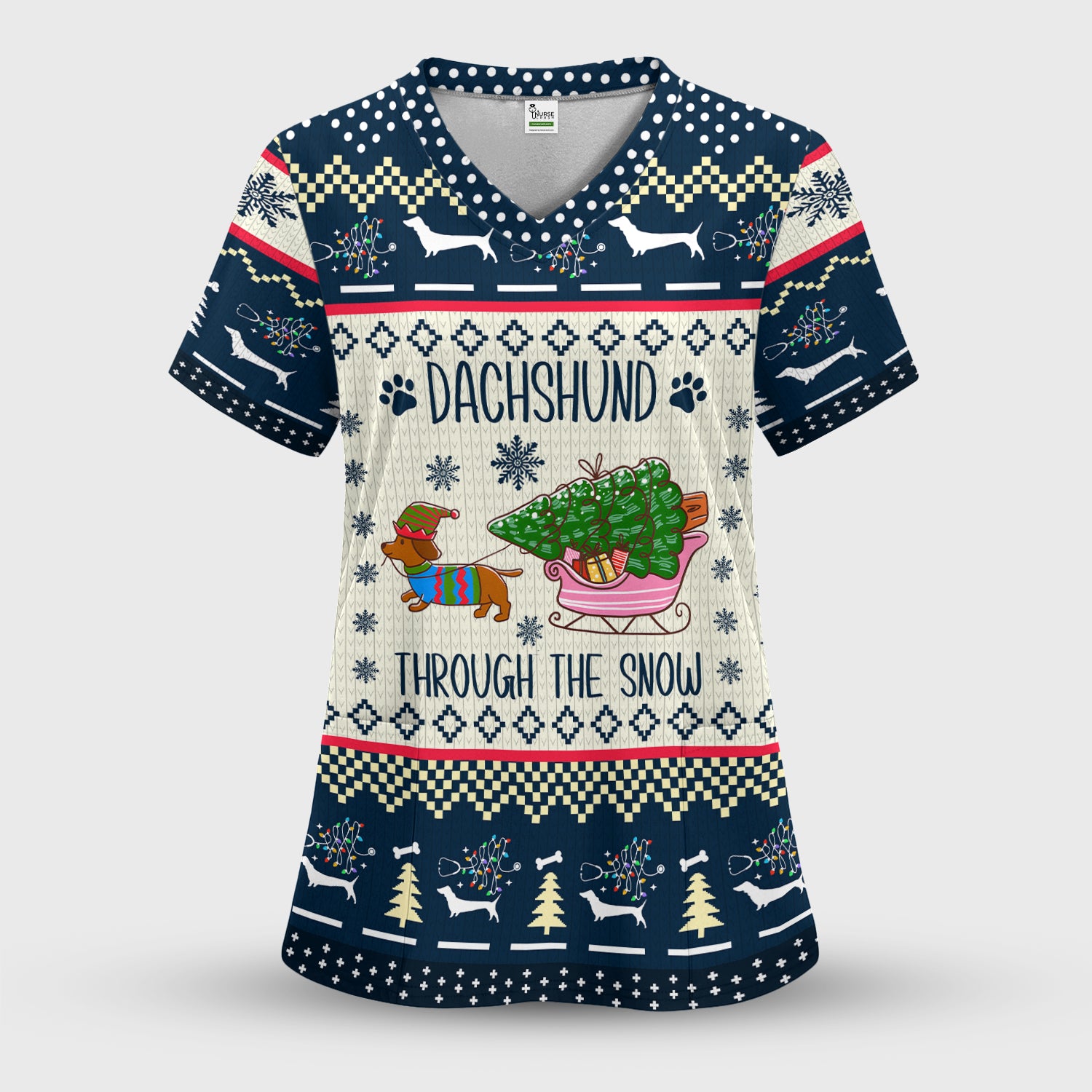 Christmas Dachshund Scrub Top, Cute Wiener Dog Holiday Medical Uniform, Funny “Dachshund Through The Snow” Scrubs For Nurse Or Dog Lover