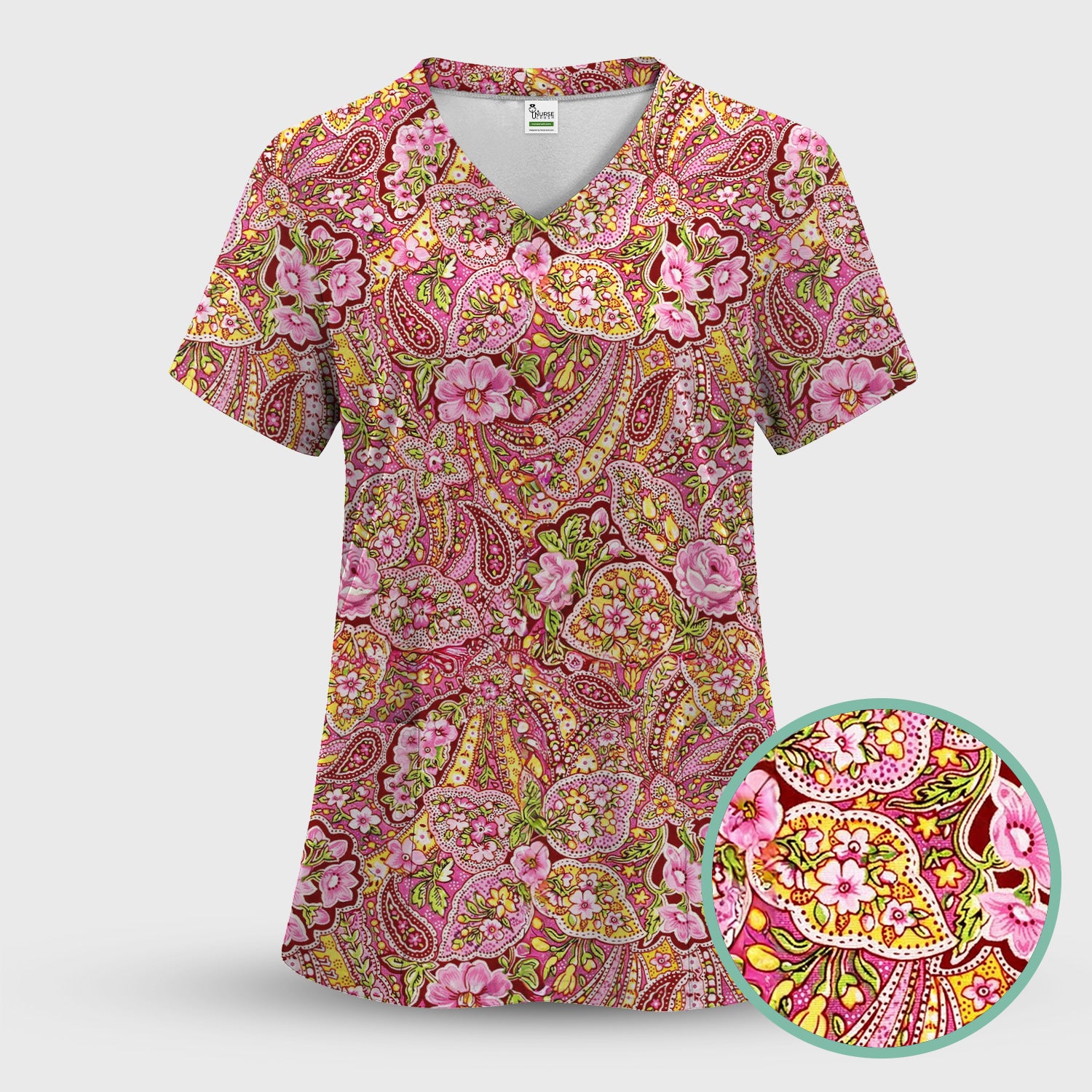 Pink Floral Paisley Blossom Print  Scrub Set, Scrub Pants and V Neck Top