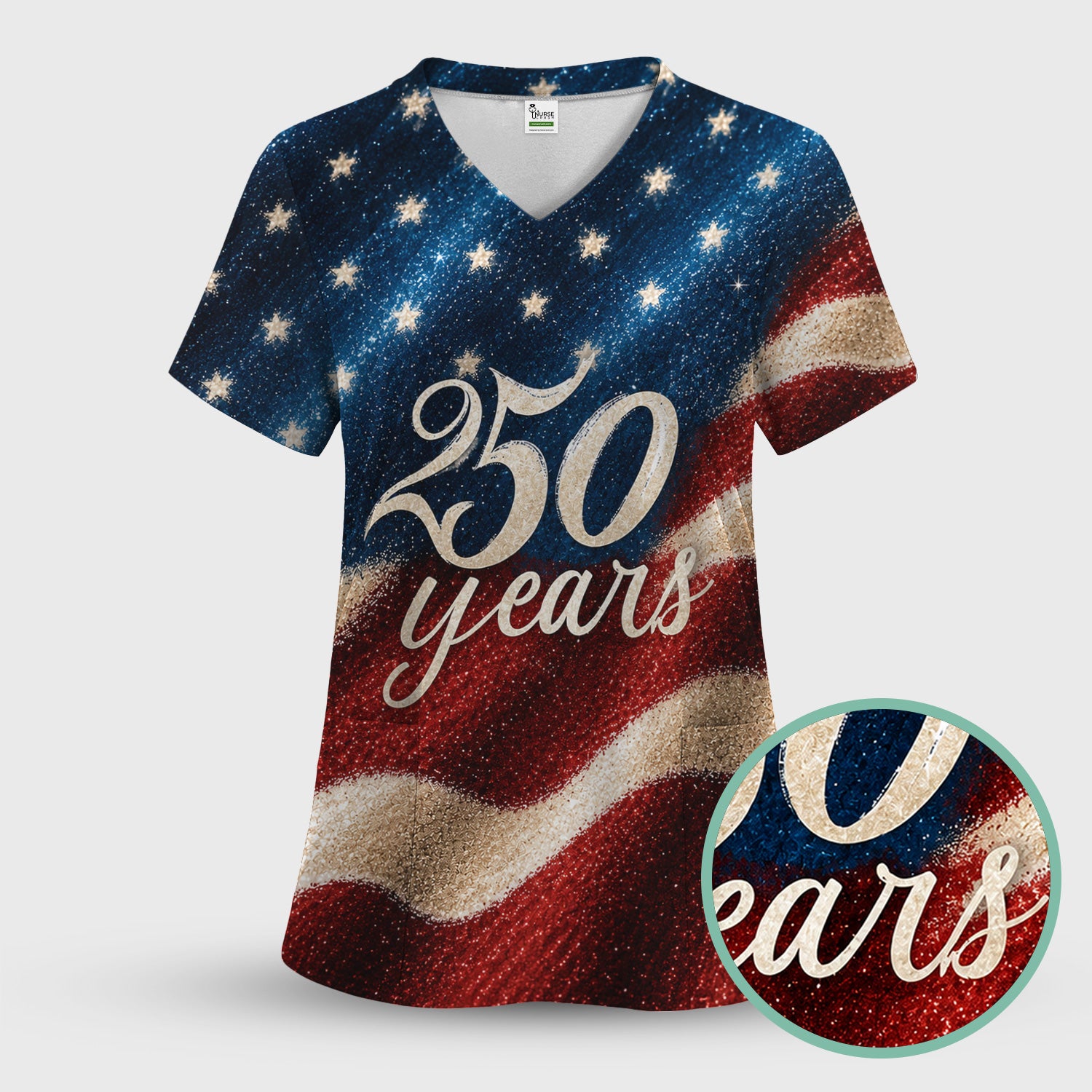 Festive American Flag 250 Years Pattern Scrub Top, Comfortable Scrubs for Nurses