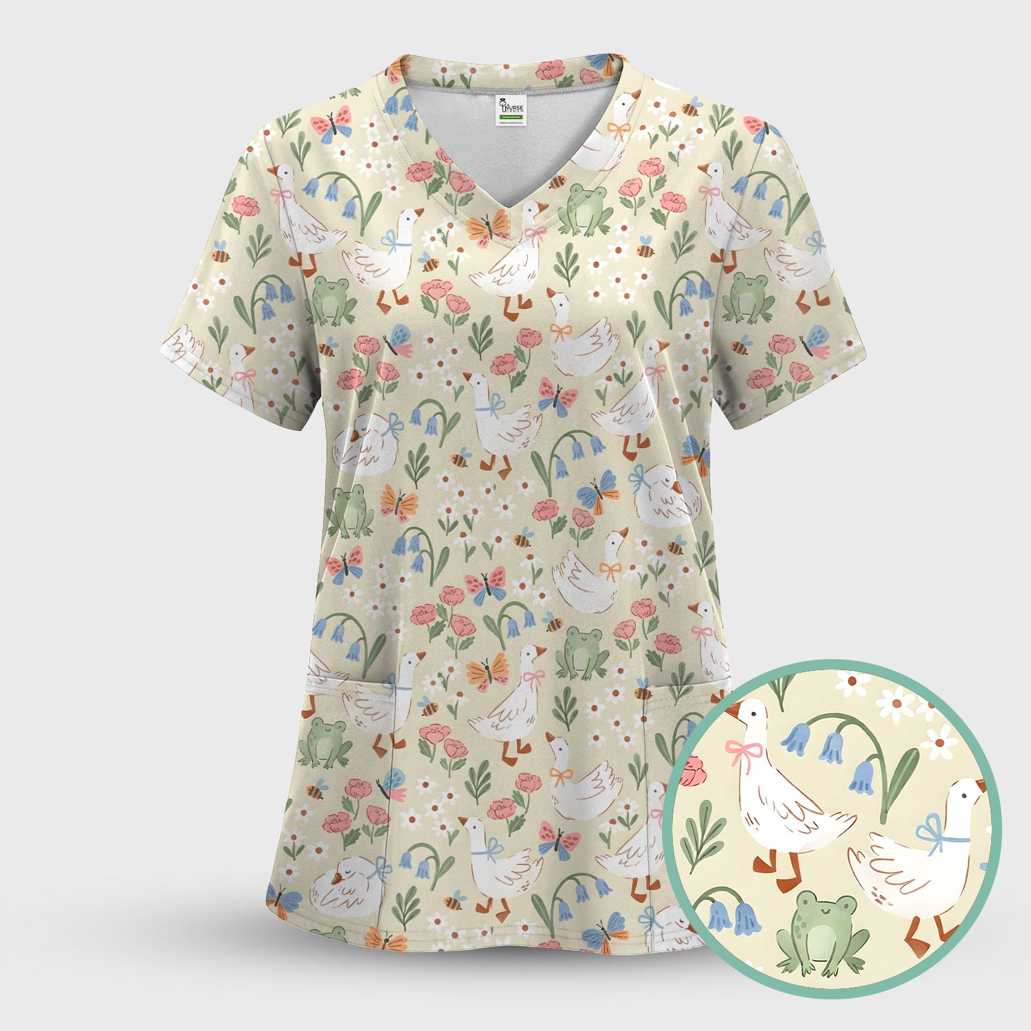 Cute Goose & Frog Garden Print Scrub Top, Comfortable Scrubs for Nurses