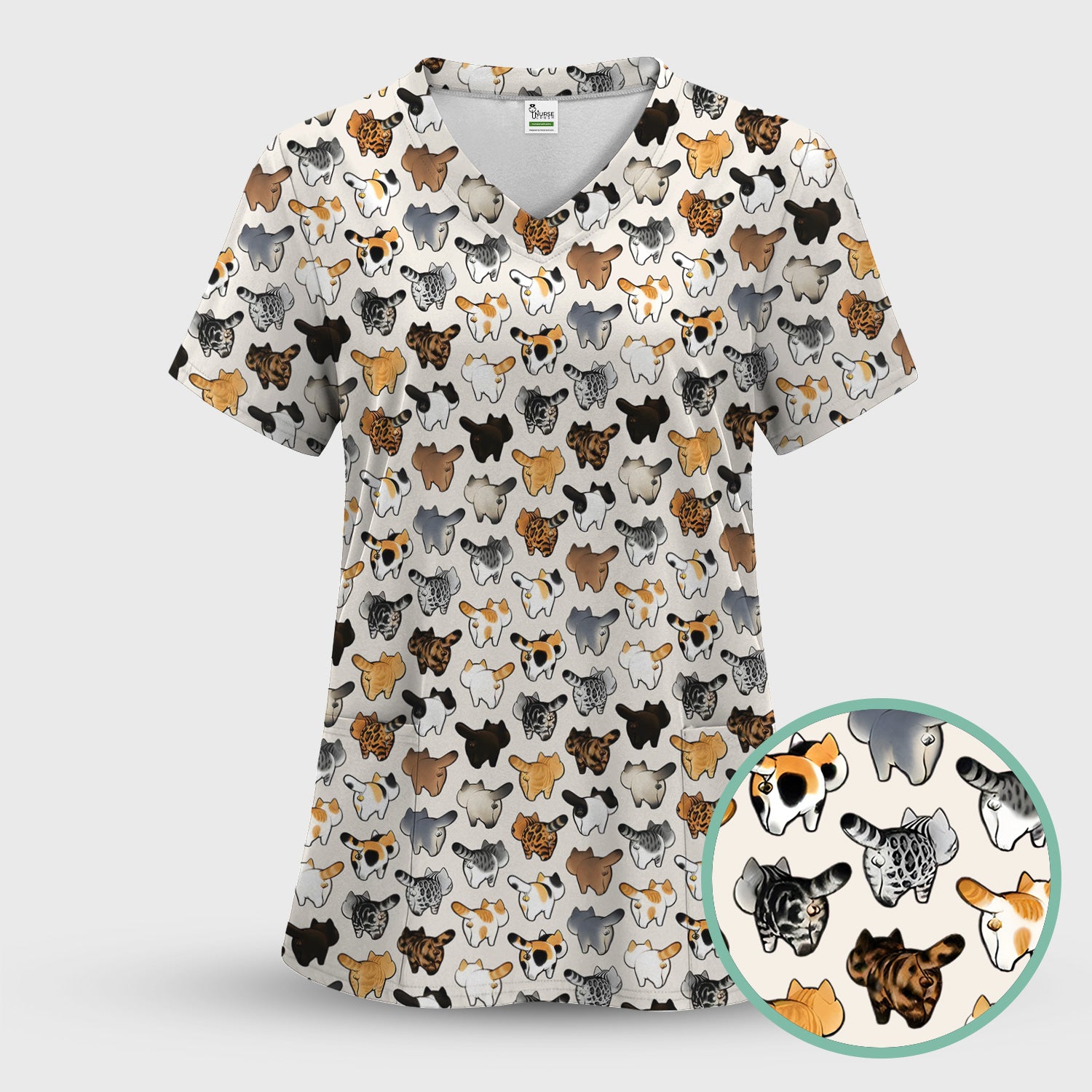 Cat Butt Pattern Medical Scrub Top, Breathable Fabrics Nursing Uniform