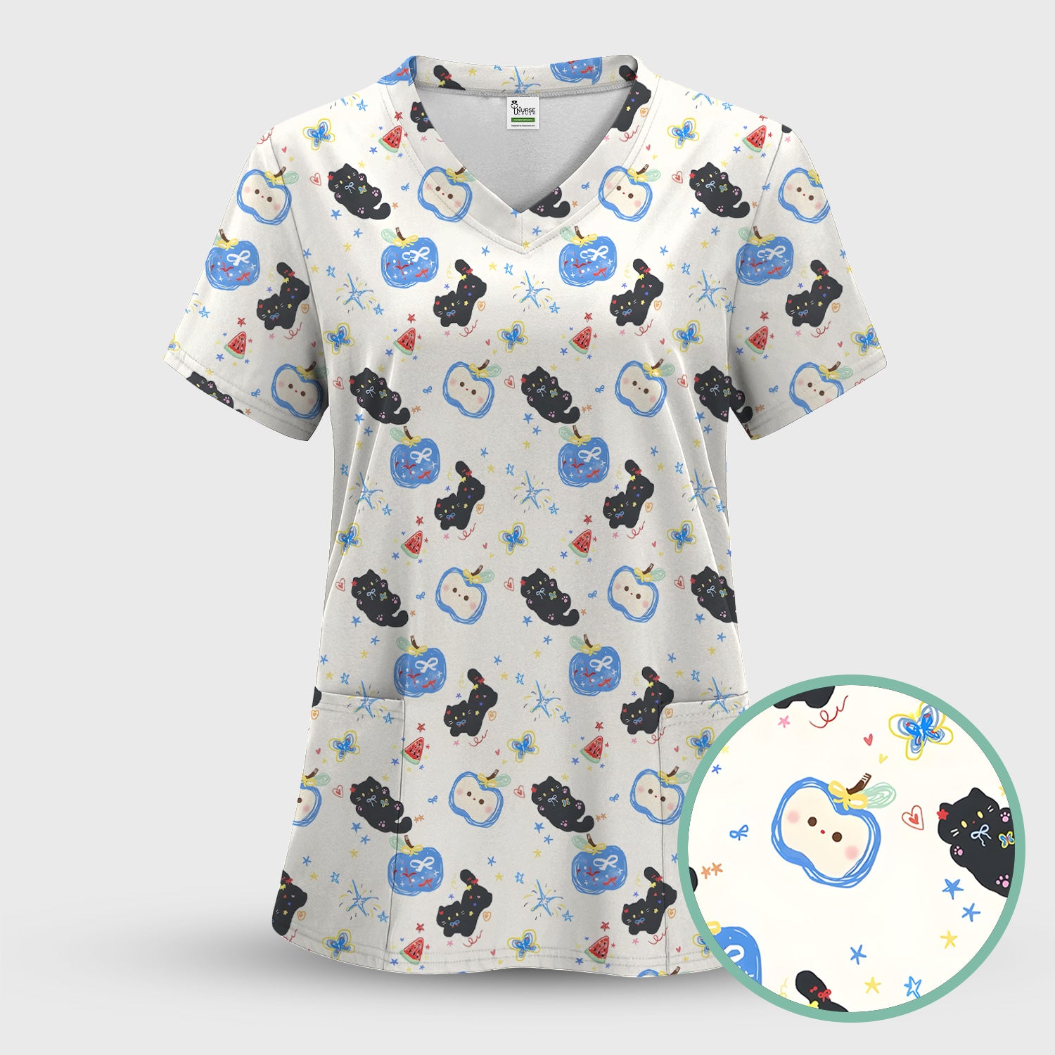 Cute Black Cat and Apple Print V Neck Scrub Top for Nurses