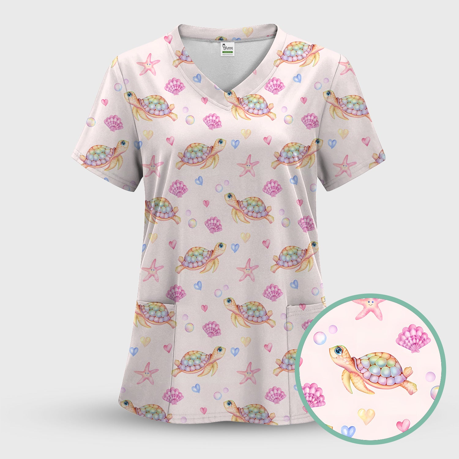 Sea Turtle Ocean Print Scrub Top, Comfortable Scrubs for Nurses