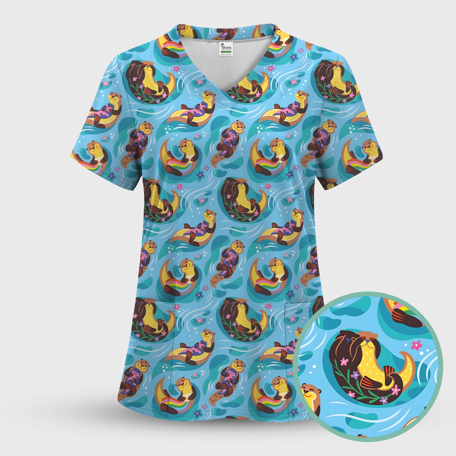 Otter Floating River Rainbow Pattern Scrub Top, Comfortable Scrubs for Nurses