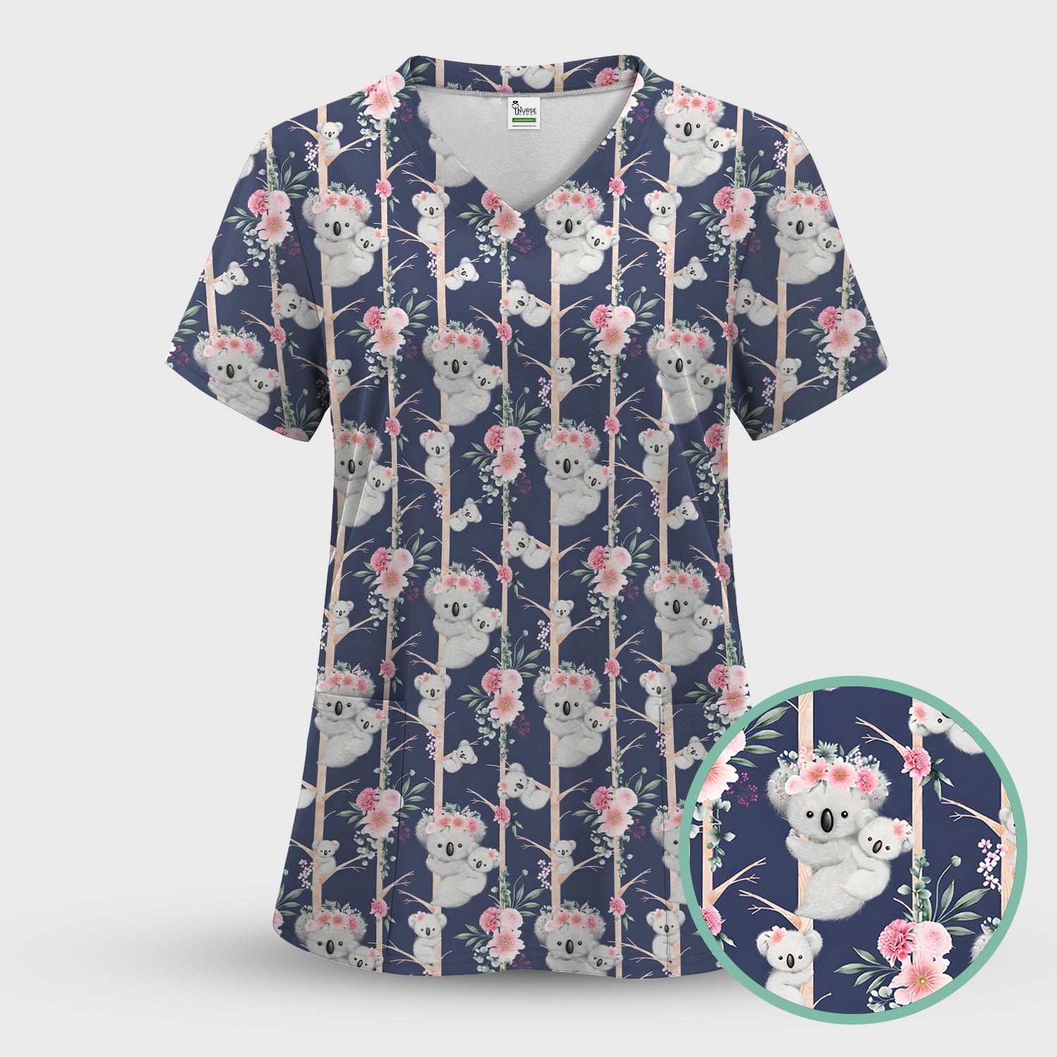 Cute Koala Climbing Tree Blossom Pattern Nurse Scrub Set, Scrub Pants and V Neck Top