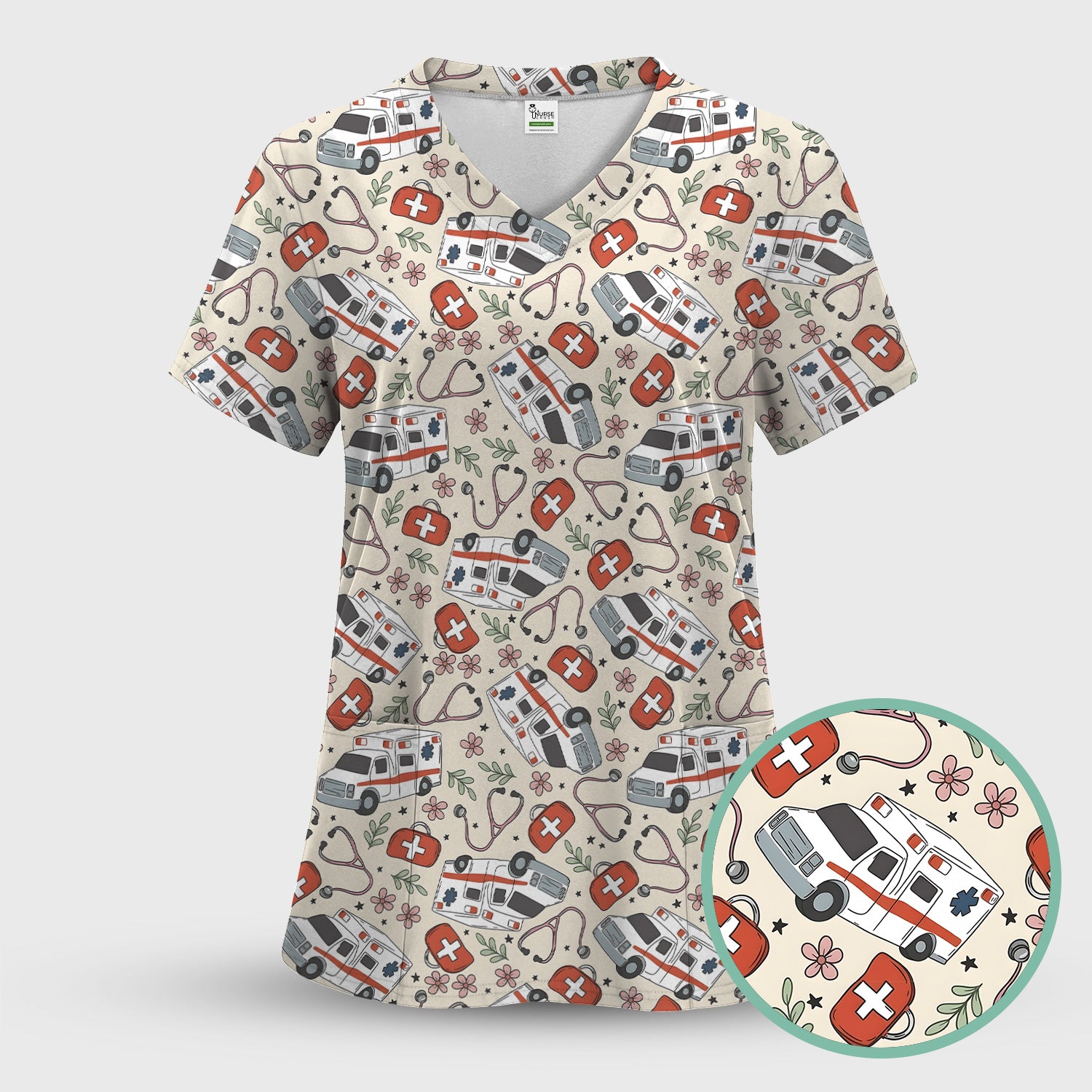 Ambulance Stethoscope First Aid Floral Pattern Scrub Set, Scrub Pants and V Neck Top