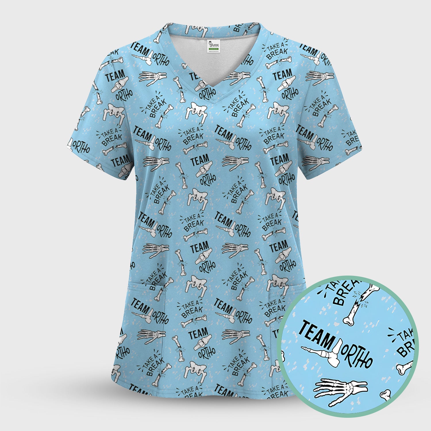 Team Ortho Bone Joint Print Scrub Top, Breathable Fabrics Nursing Uniform