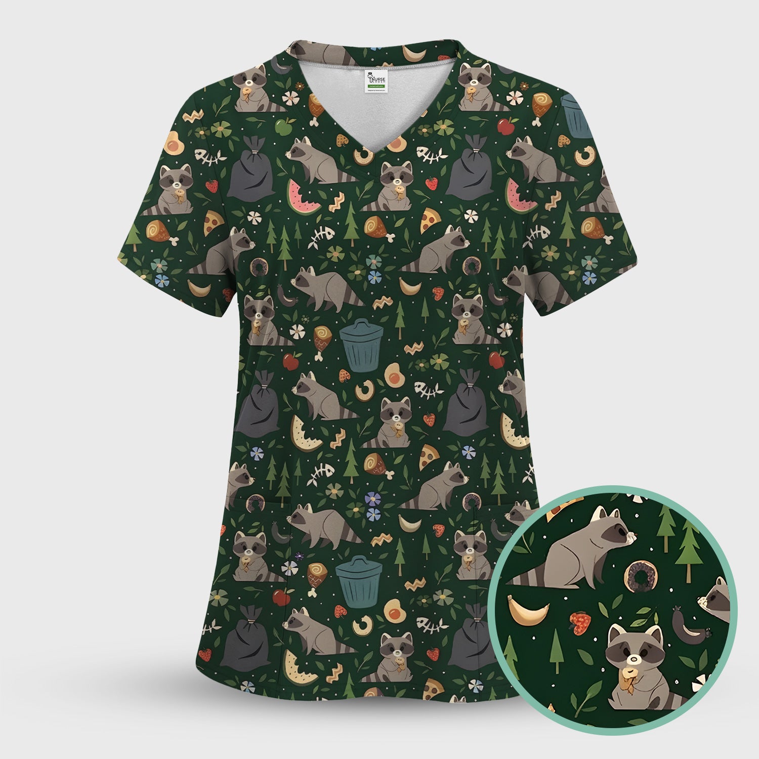 Cute Raccoon Forest Food Pattern Scrub Top, Breathable Fabrics Nursing Uniform
