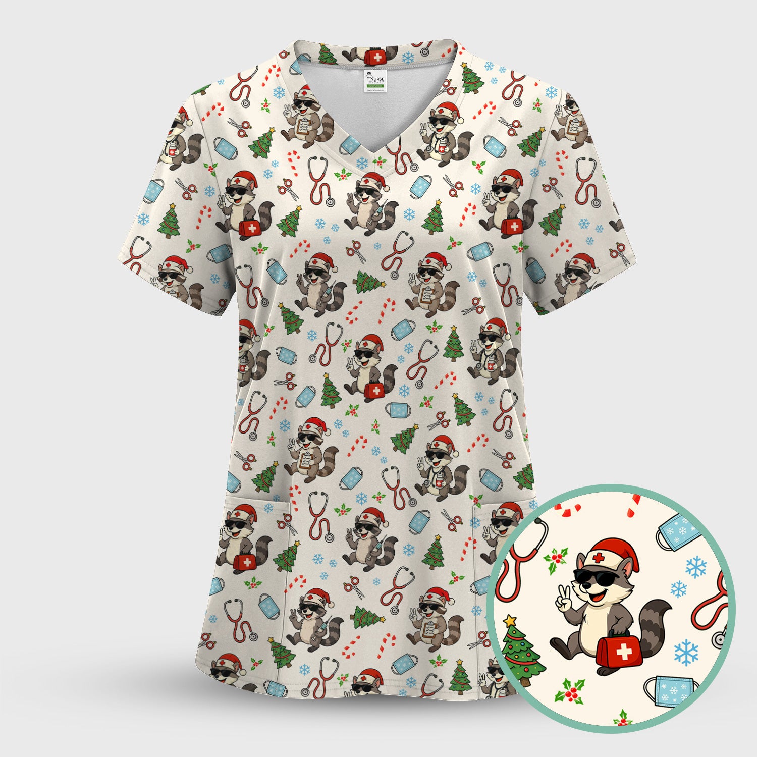 Funny Christmas Nurse Scrub Set - Raccoon Pattern with Santa Hat, Stethoscope and Tree - Cute Holiday Medical Scrubs Pants and Top Gift for RN CNA LPN
