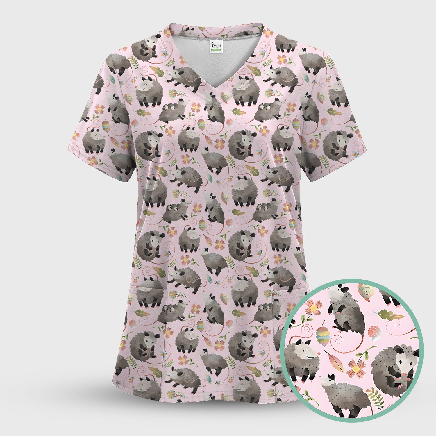 Cute Opossum Playing Flower Garden Pattern Scrub Set, Scrub Pants and V Neck Top