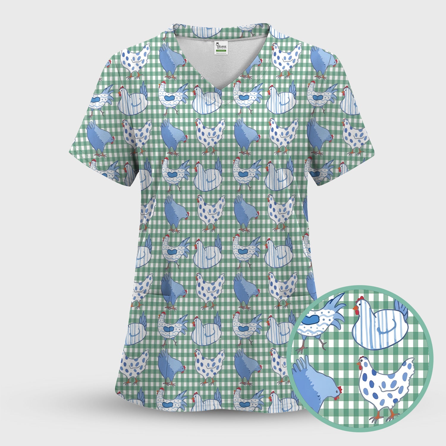 Blue Chicken Gingham Pattern Scrub Top, Comfortable Scrubs for Nurses
