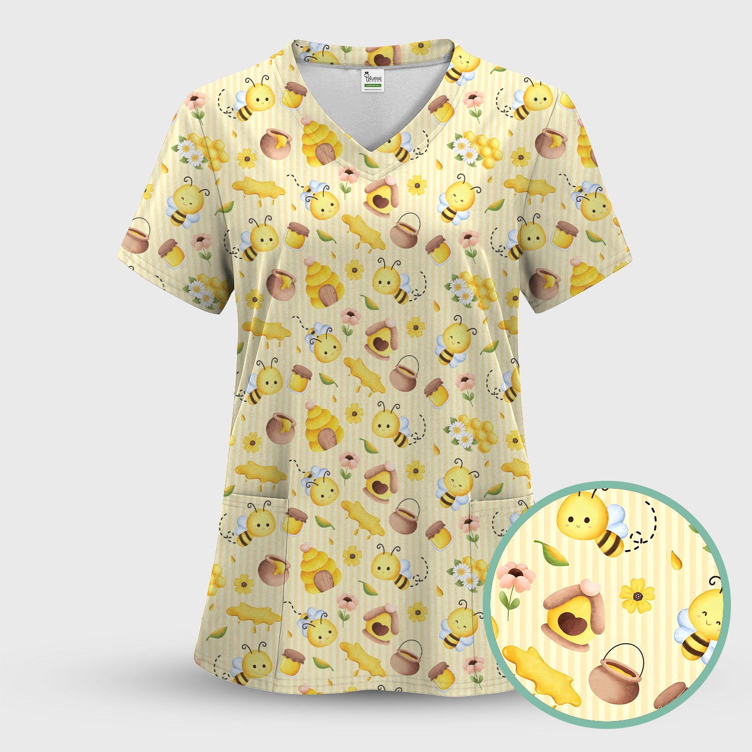 Cute Bee Honey Flower Stripe Pattern Scrub Set, Scrub Pants and V Neck Top