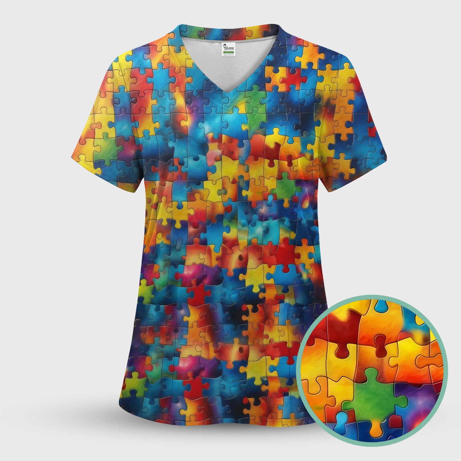 Bright Rainbow Puzzle Piece Art Scrub Set, Scrub Pants and V Neck Top