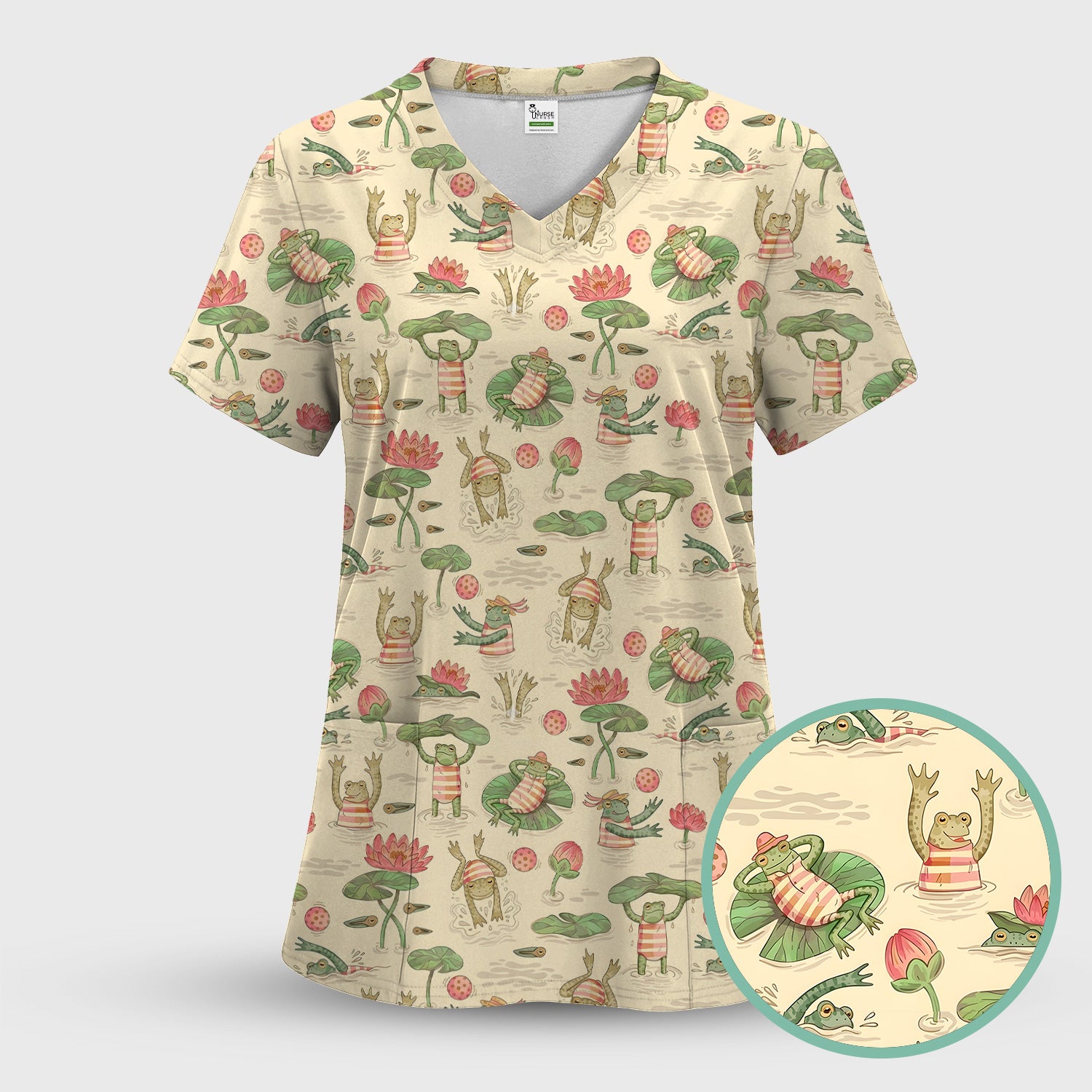 Cute Frogs Swimming Lily Pond Pattern Scrub Top, Comfortable Scrubs for Nurses
