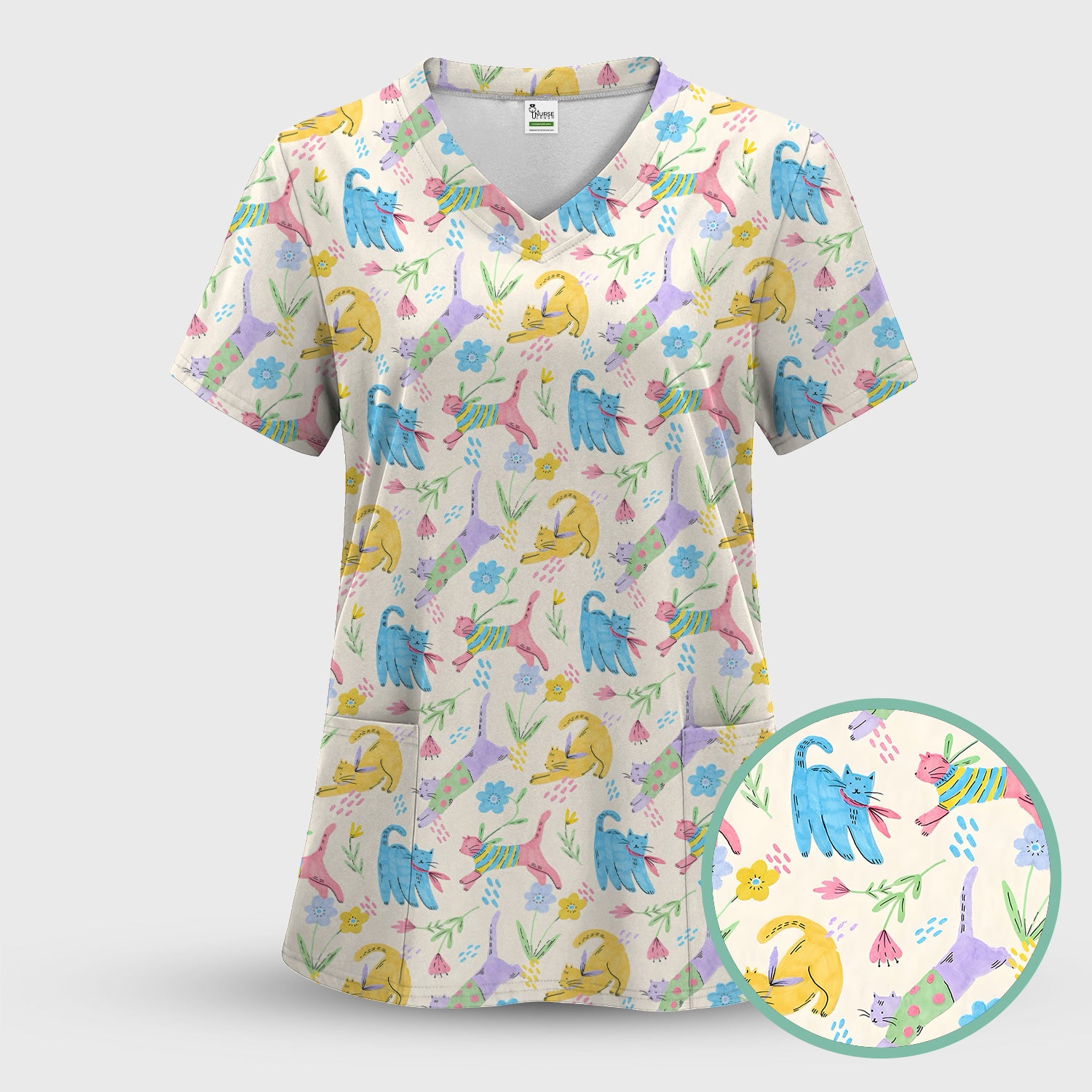 Cute Colorful Cat Floral Pattern Scrub Set, Scrub Pants and V Neck Top