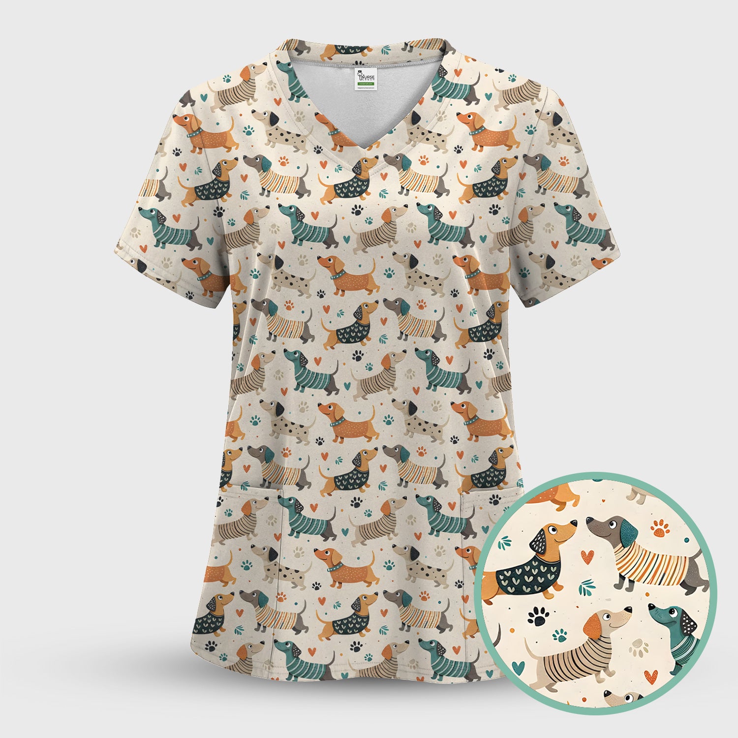 Fun Dachshund Dog Paw Heart Pattern Scrub Top, Comfortable Scrubs for Nurses