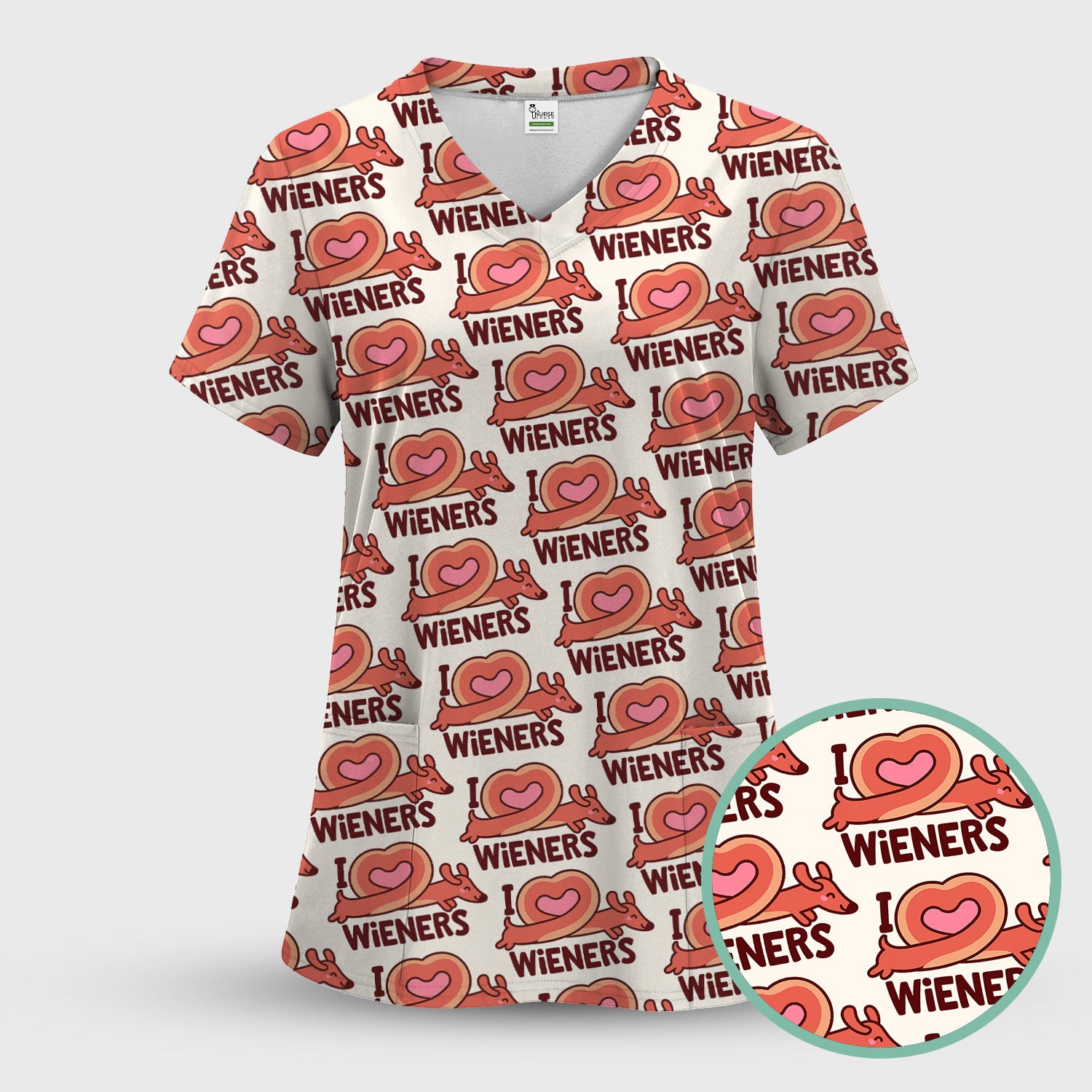 I Love Wieners Dachshund Heart Pattern Scrub Set, Scrub Pants and V Neck Top