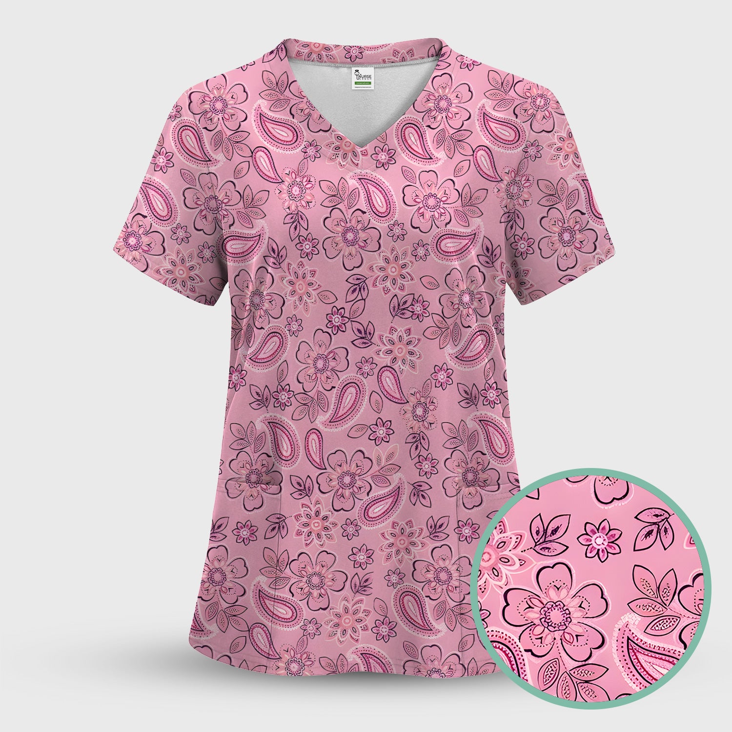 Pink Paisley Floral Nurse Pattern Scrub Set, Scrub Pants and V Neck Top