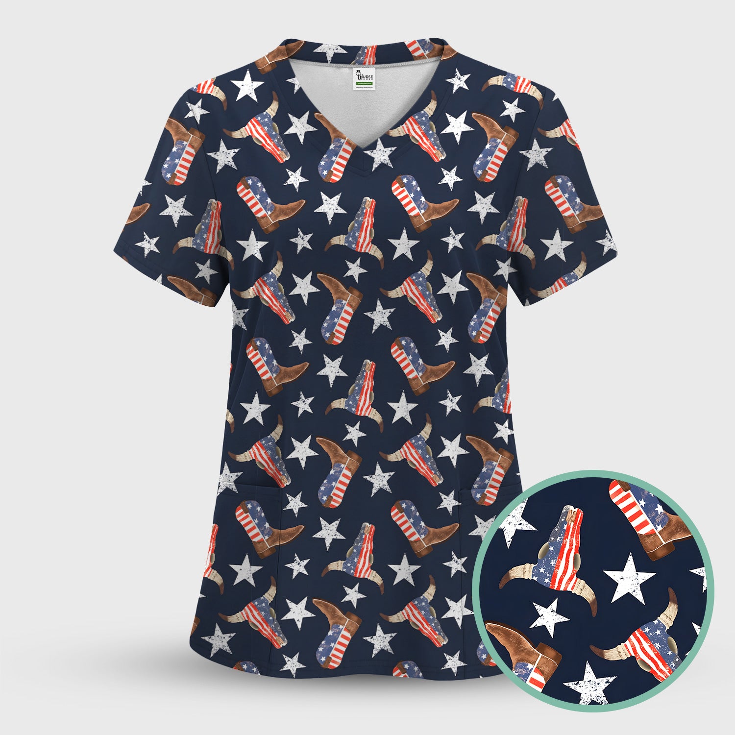 Western Boots Stars Pattern Scrub Top, Comfortable Scrubs for Nurses
