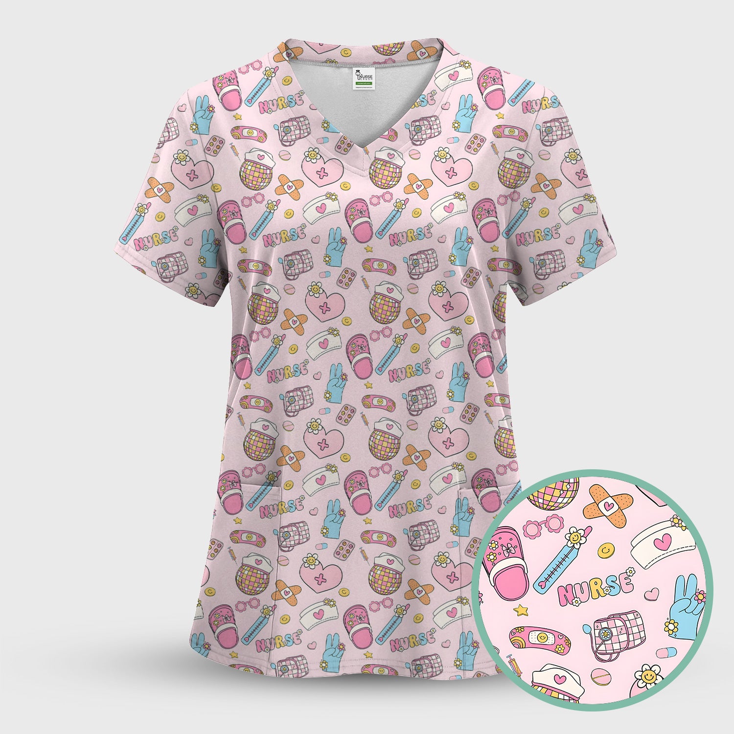 Cute Nurse Pink Medical Tools Pattern Scrub Set, Scrub Pants and V Neck Top