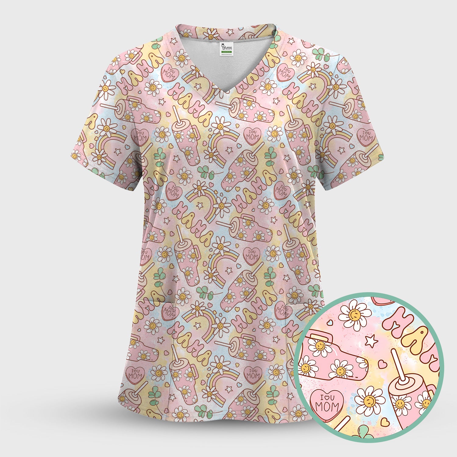 Sweet Nurse Mama Daisy Rainbow Pattern Scrub Set, Scrub Pants and V Neck Top