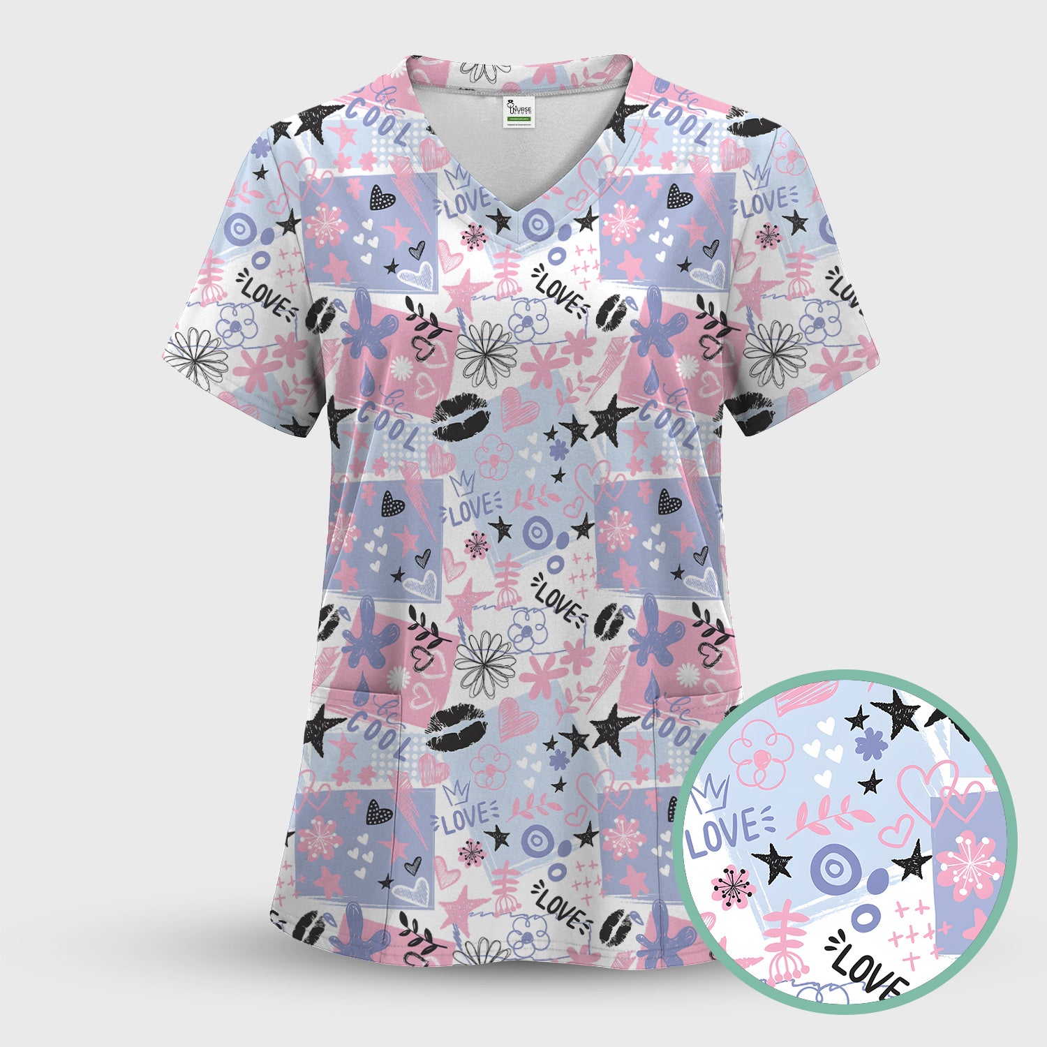 Cute Love Hearts Doodle Print Scrub Top, Comfortable Scrubs for Nurses